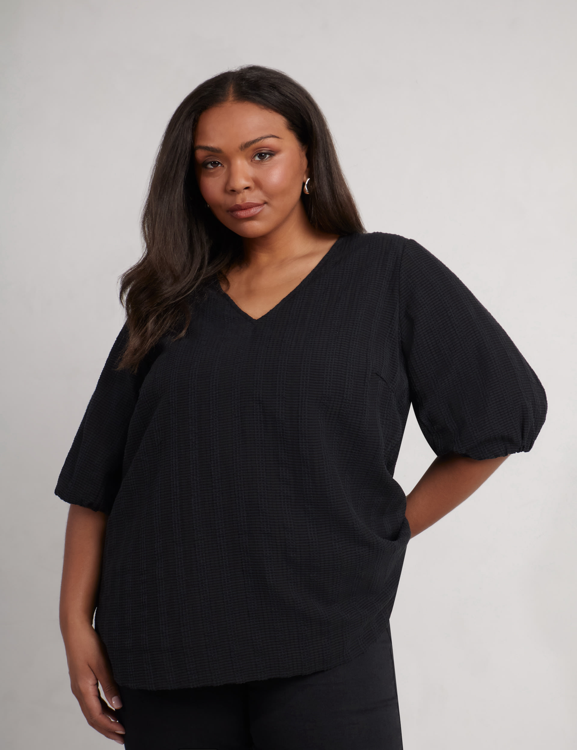 V Neck Puff Sleeve L S Top Black