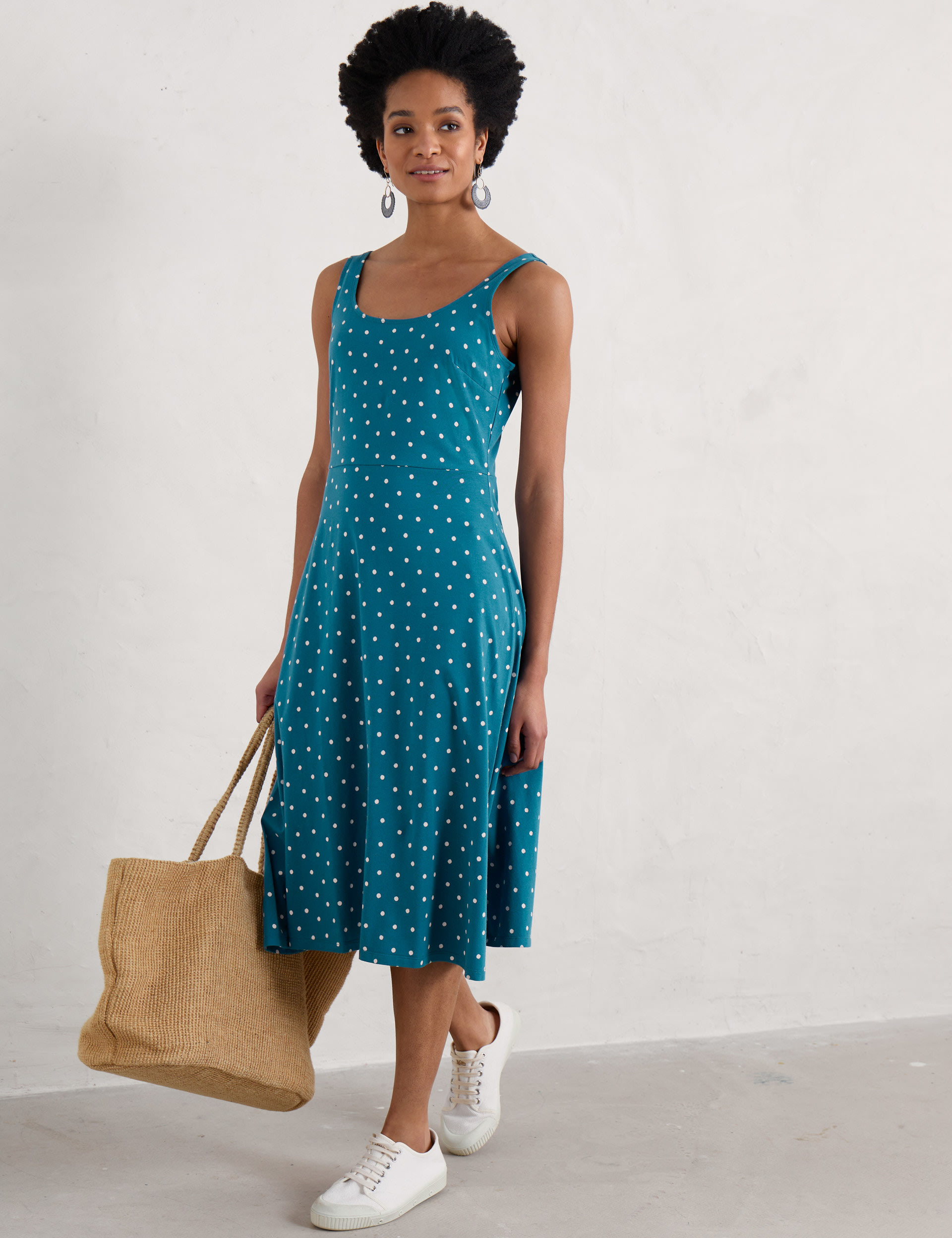 Cotton Rich Polka Dot Midi Waisted Dress