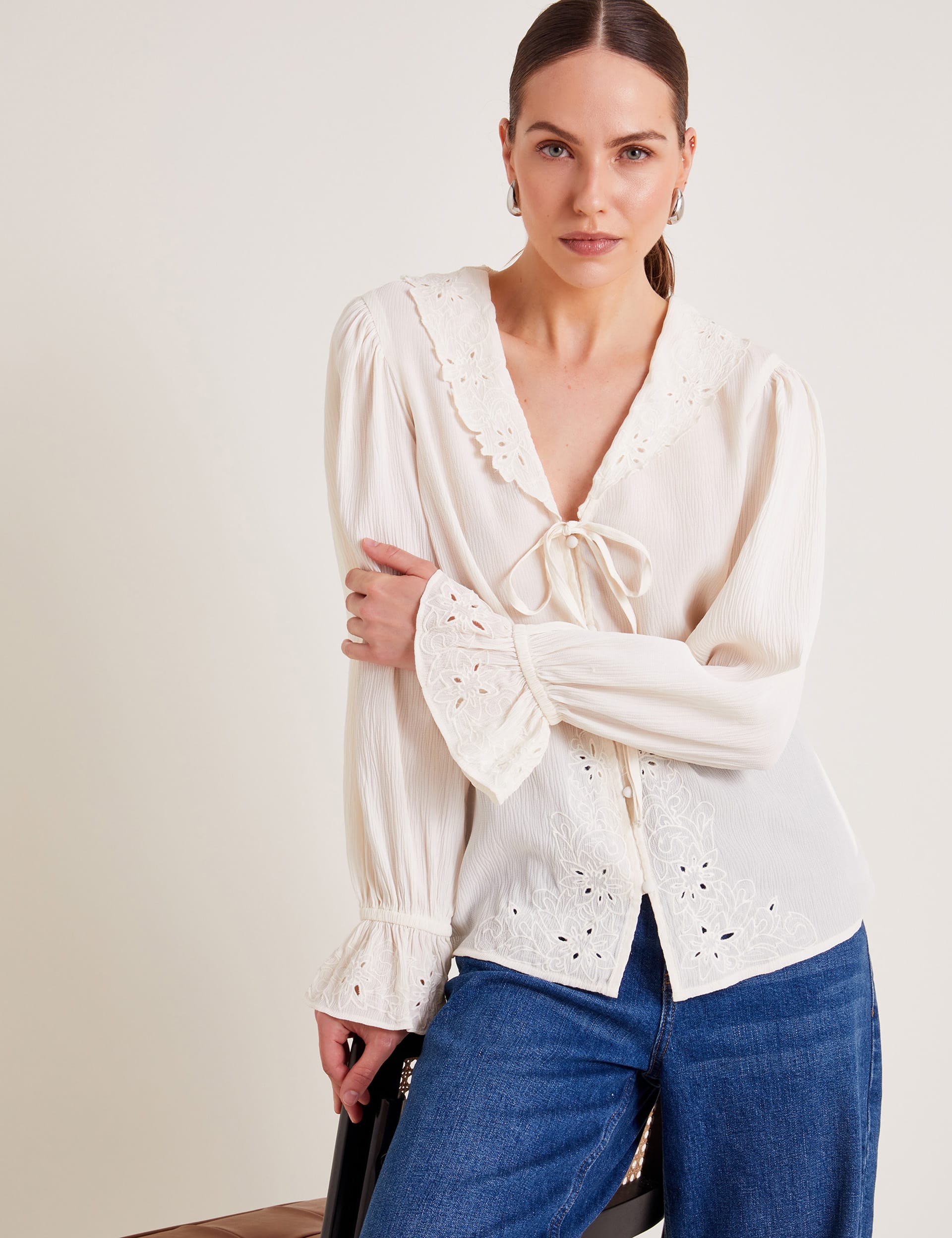 Tie Neck Cutwork Detail Blouse | Monsoon | M&S