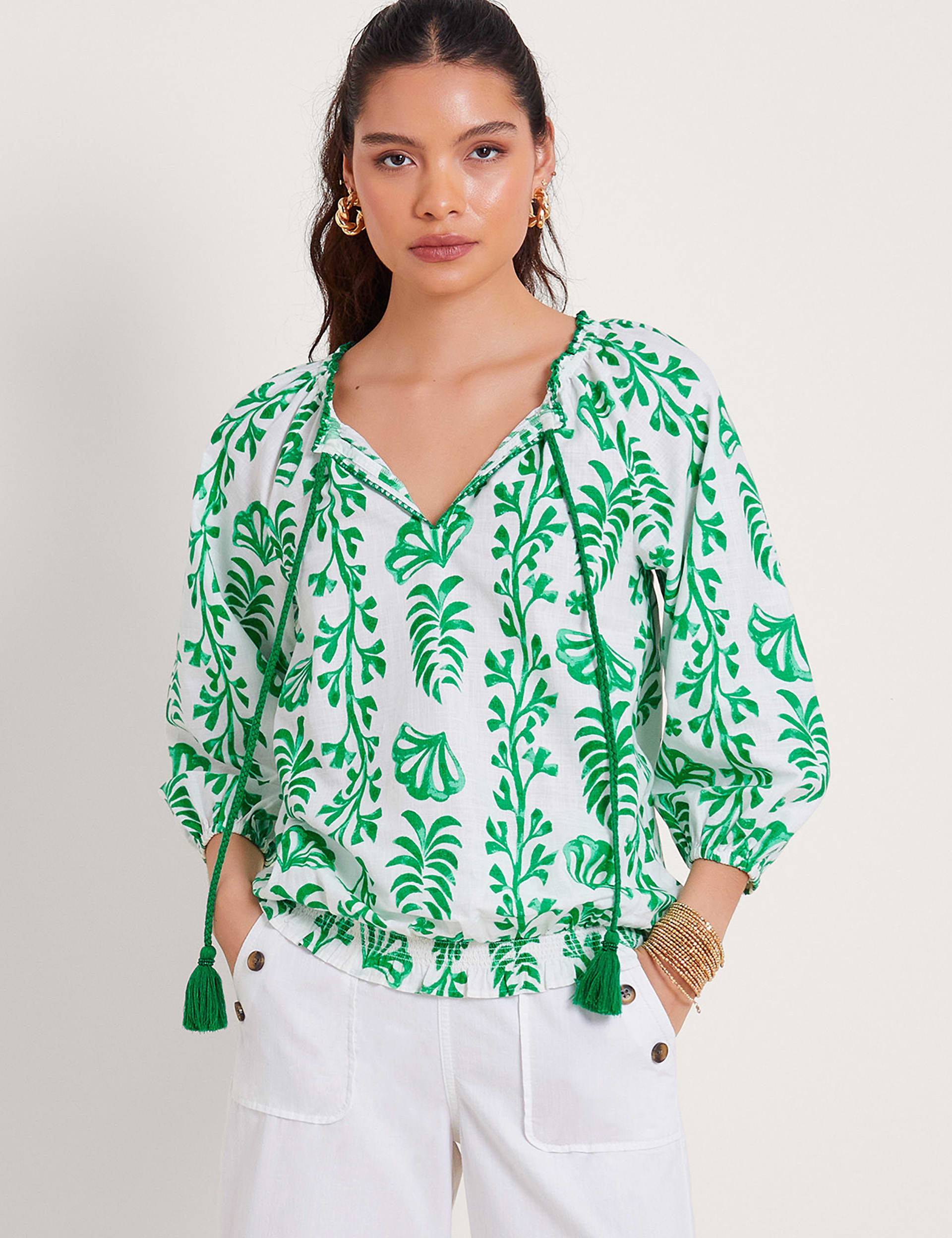 Pure Cotton Leaf Print Tie Neck Top | Monsoon | M&S