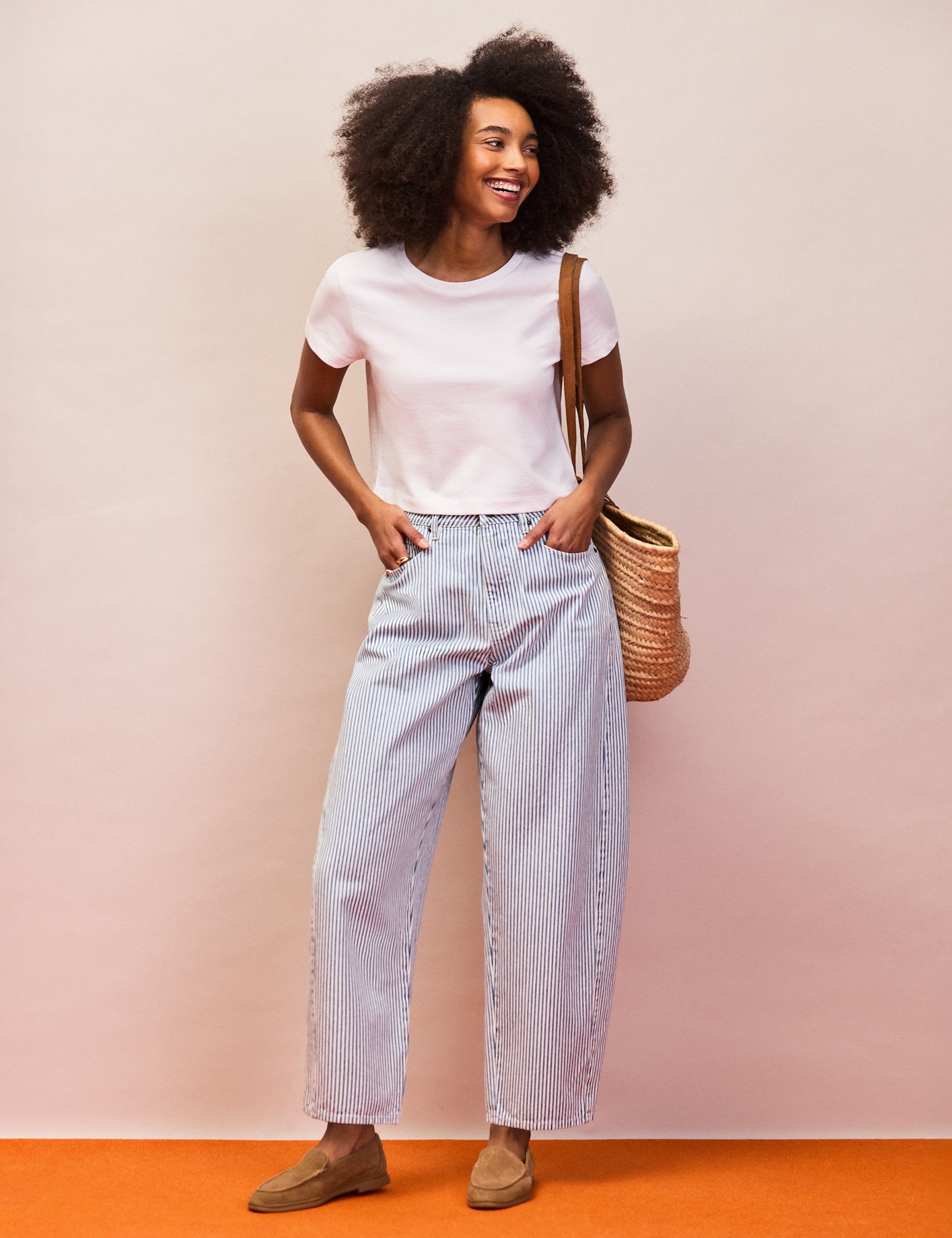 Mid Rise Striped Barrel Ankle Grazer Jeans
