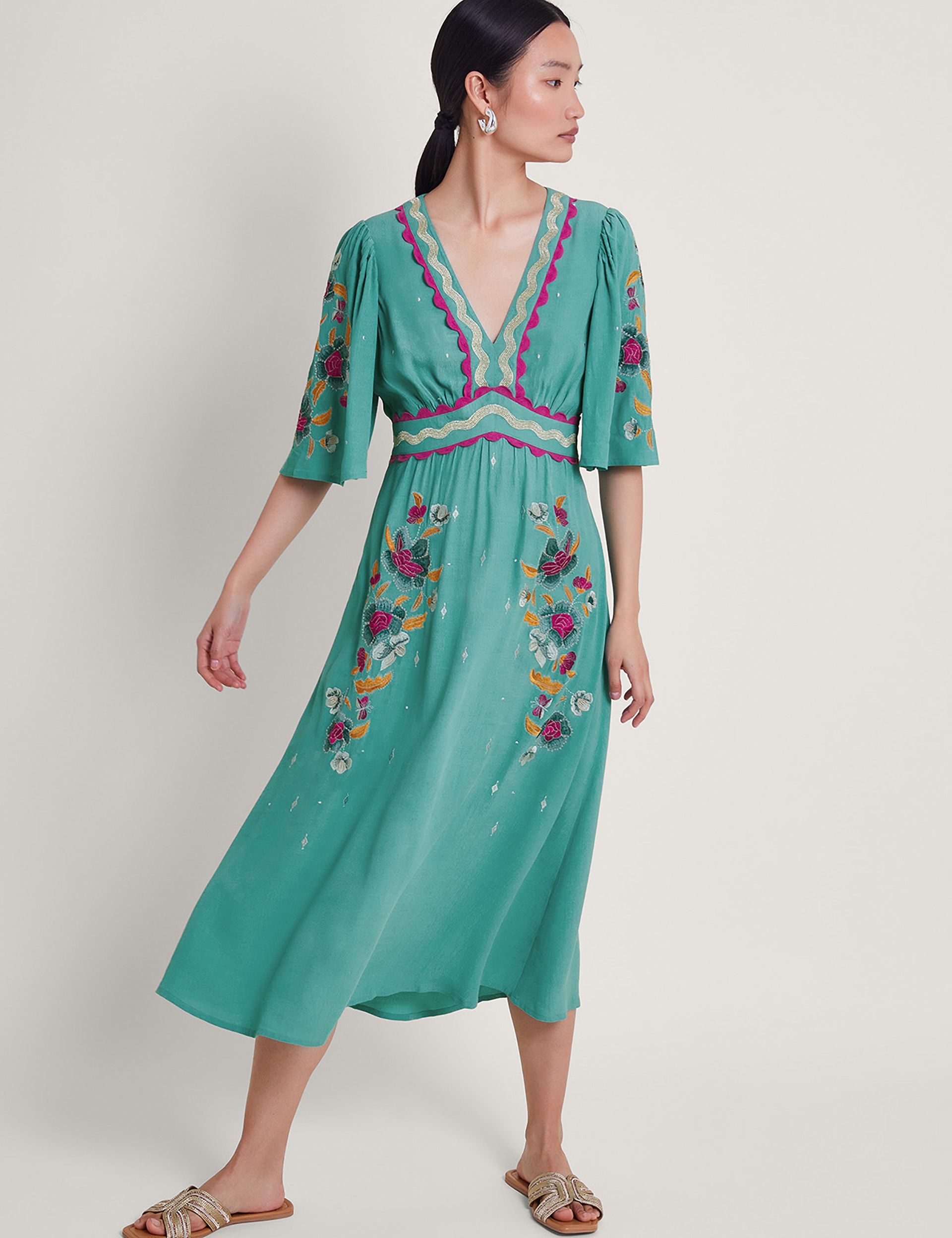 Satin Embroidered V-Neck Midi Tea Dress | Monsoon | M&S