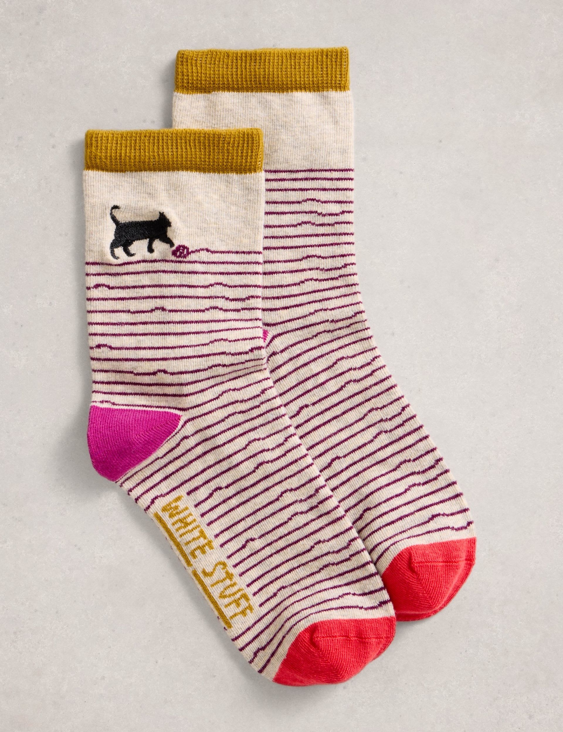 Cotton Rich Striped Cat Ankle High Socks
