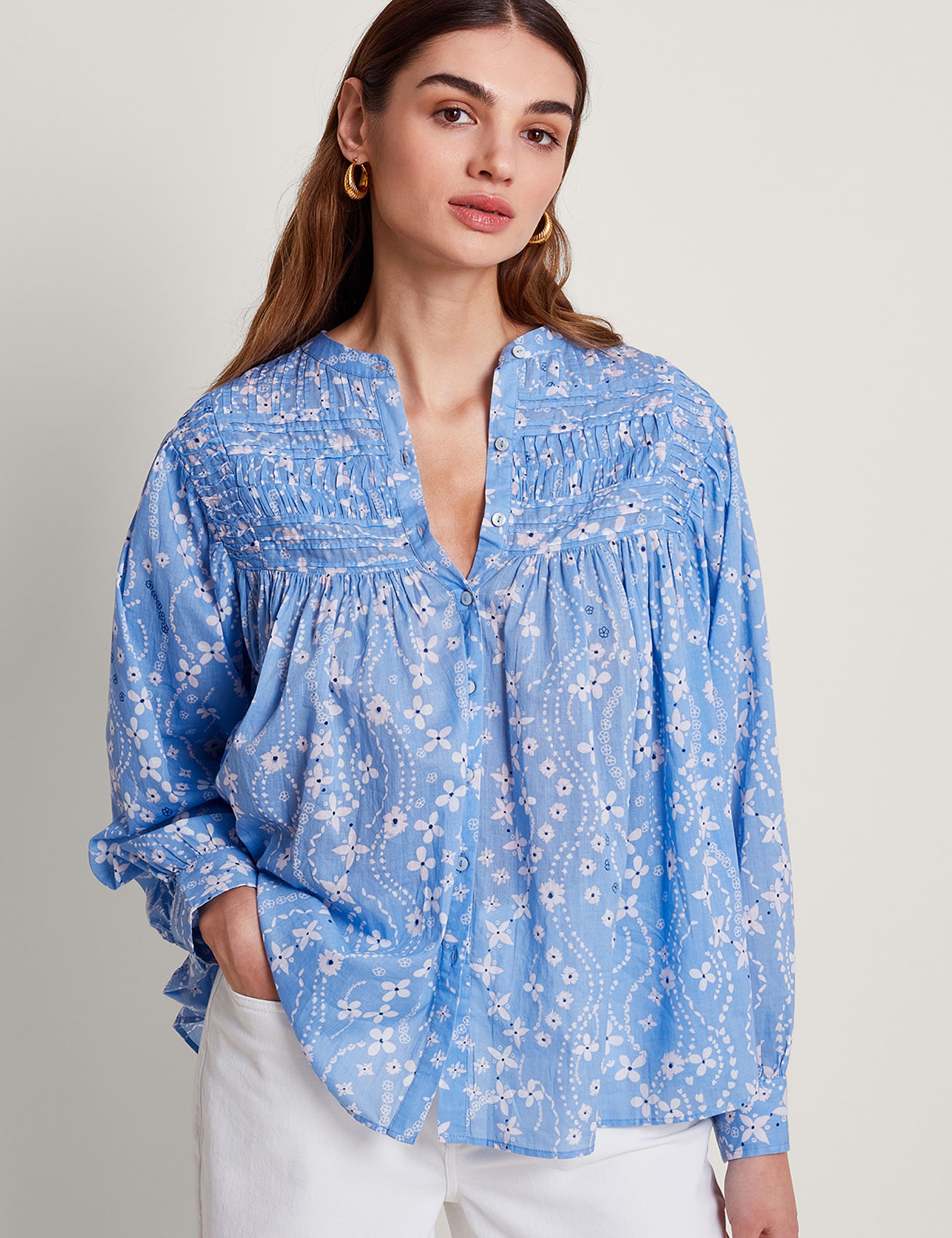 Pure Cotton Floral Pleat Detail Shirt | Monsoon | M&S