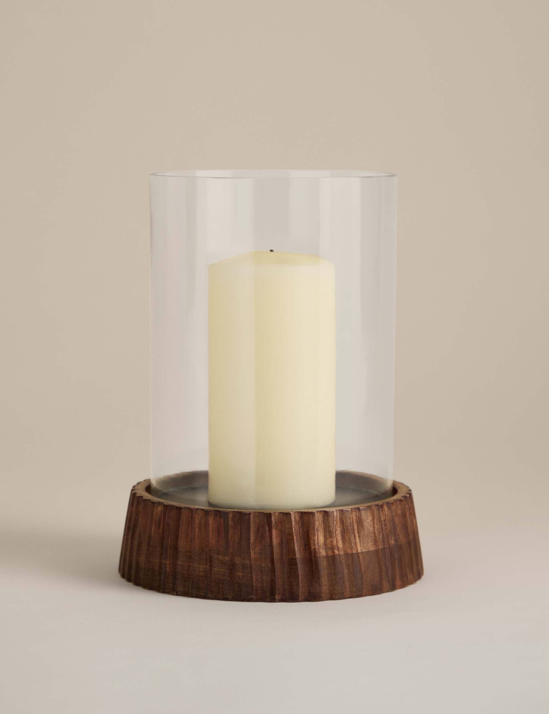 Ridged Wooden Base Hurricane Candle Holder