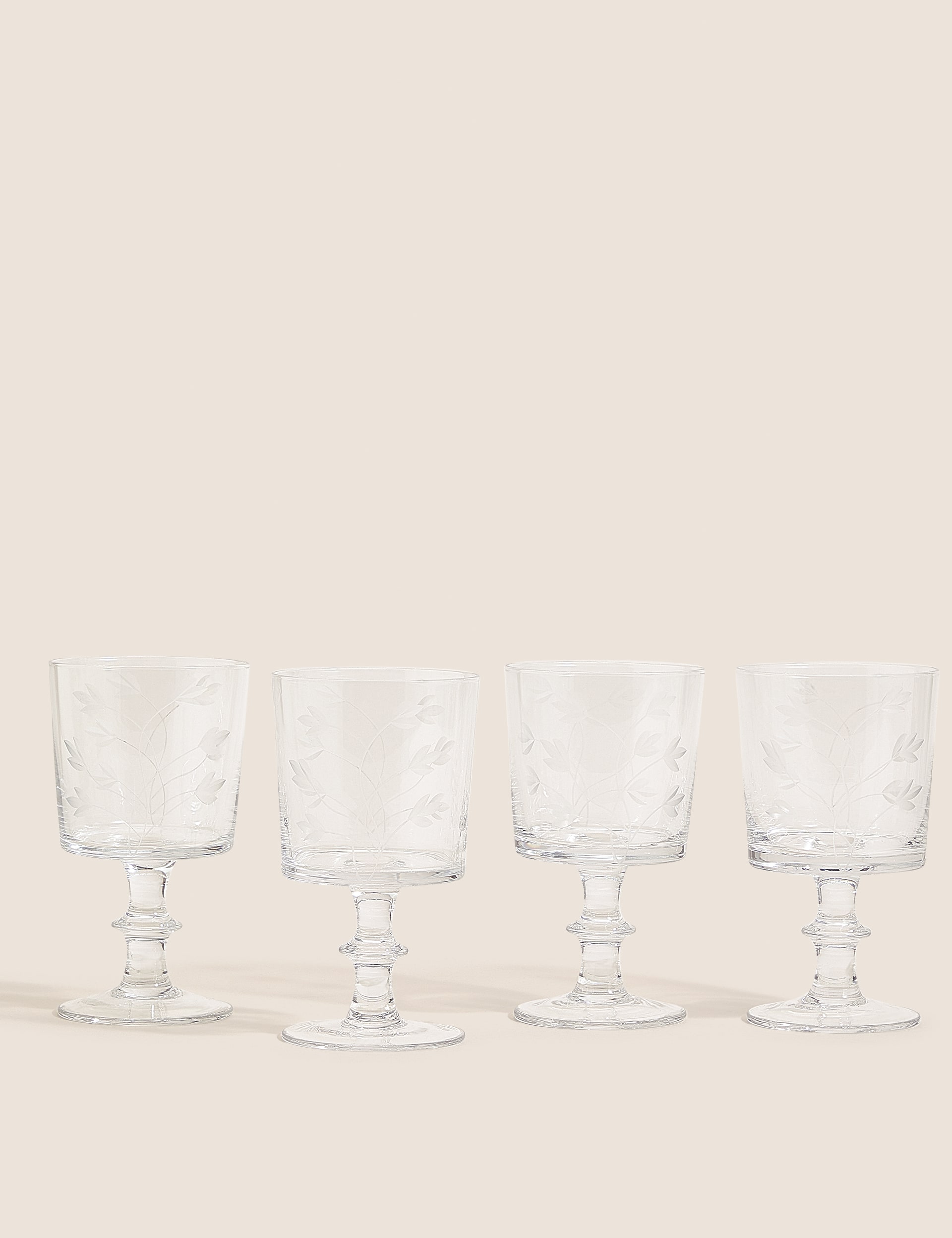 Set of 4 Floral Etched Wine Glasses