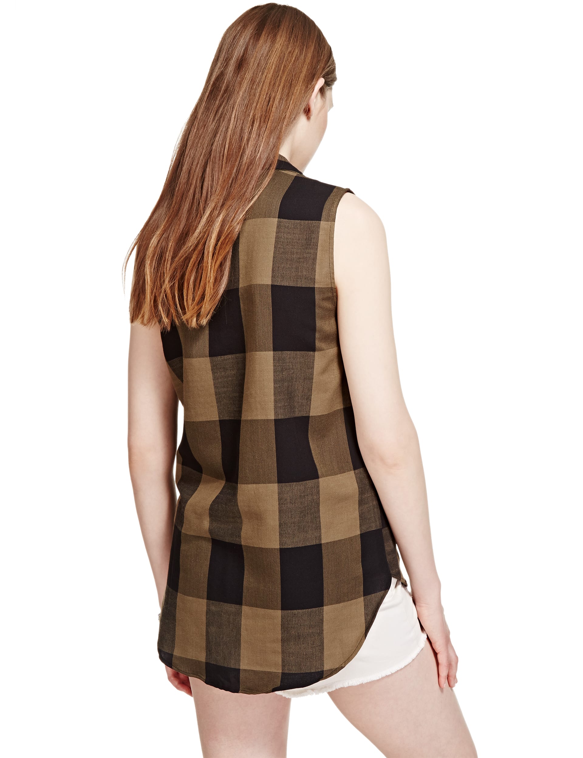 Oblong Hem Sleeveless Checked Shirt Image 2 of 4