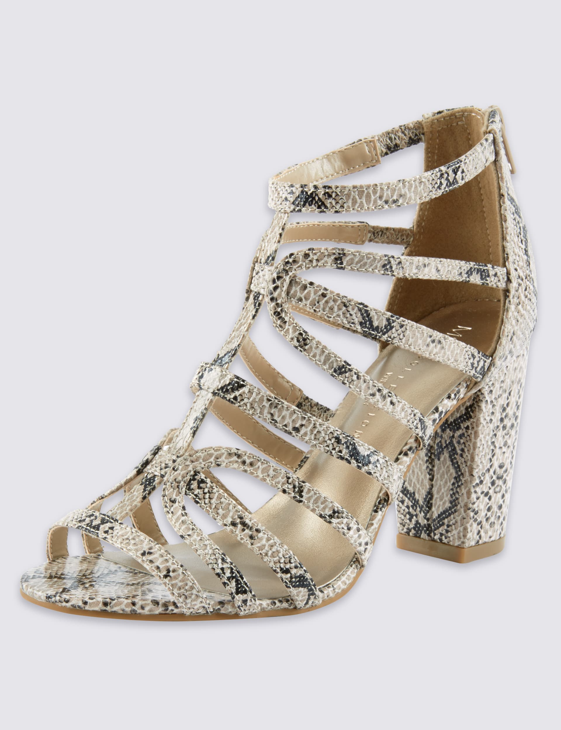 Wide Fit Caged High Block Heel Faux Snakeskin Sandals with Insolia M S Collection M S