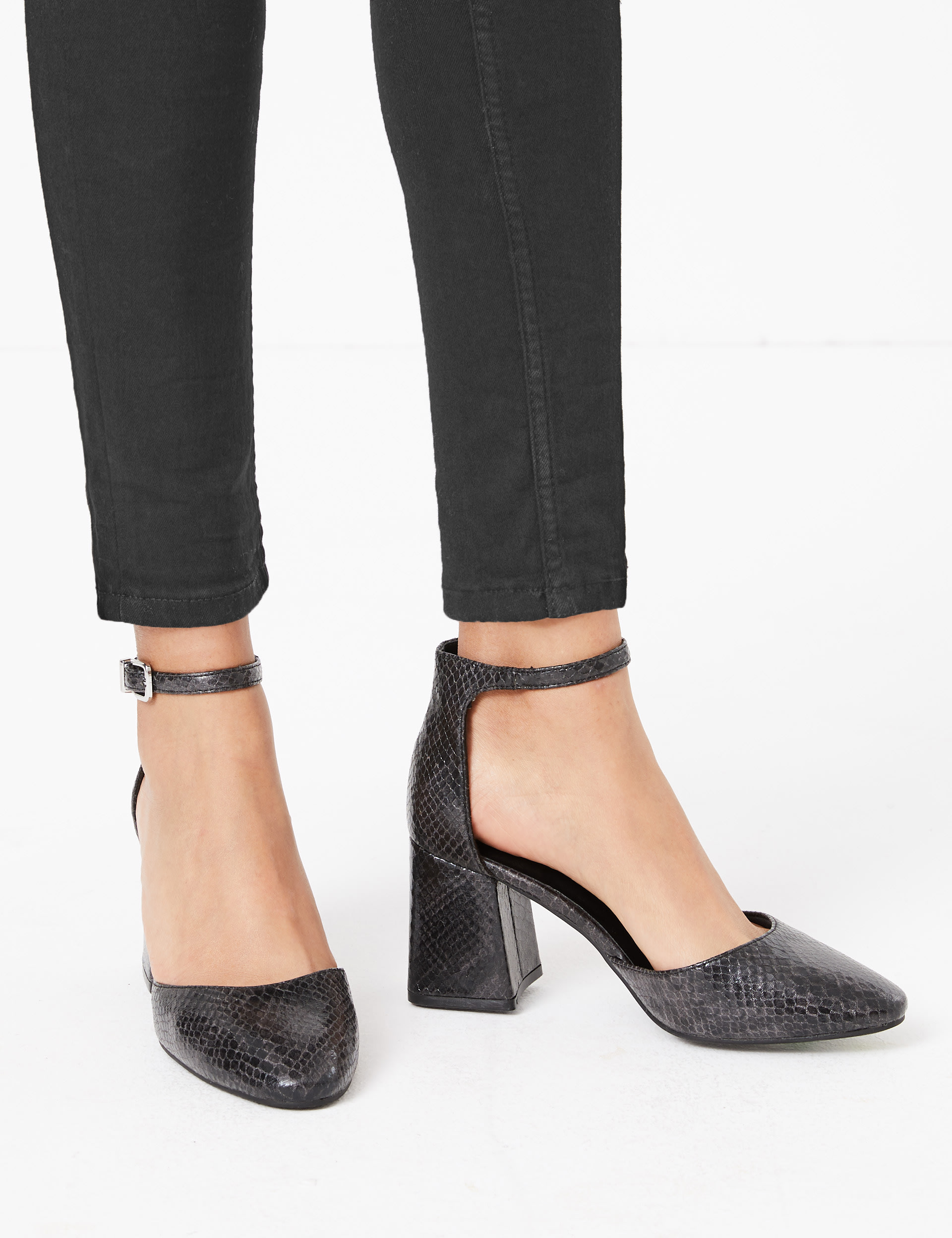 Ankle Strap Block Heel Court Shoes M S Collection M S