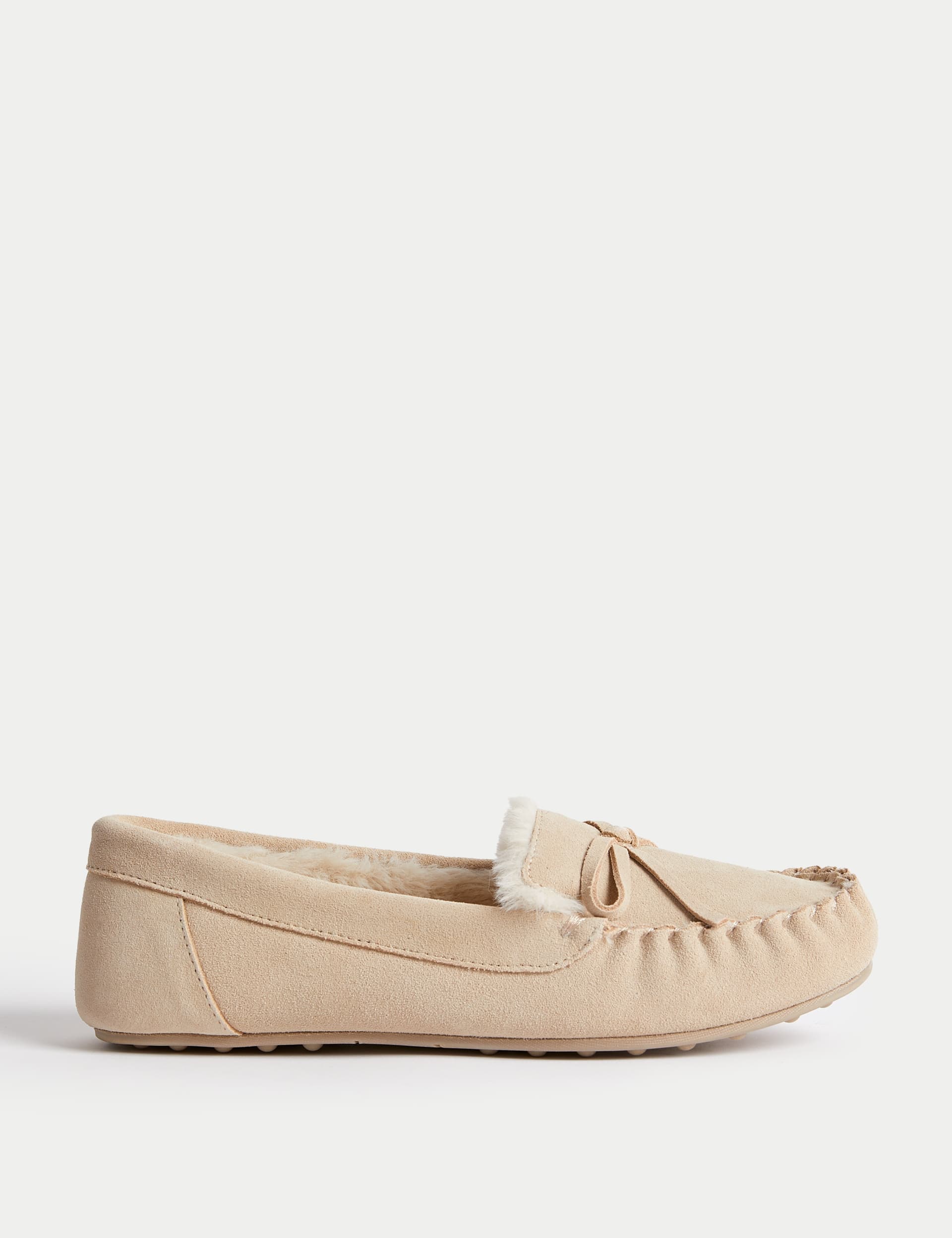 Suede Bow Faux Fur Lined Moccasin Slippers