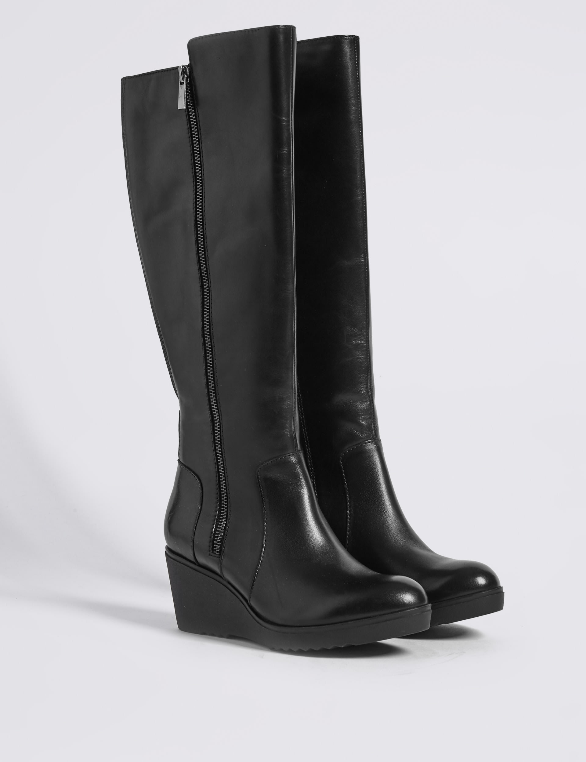 Leather Ruched Wedge Heel Knee High Boots M S Collection M S