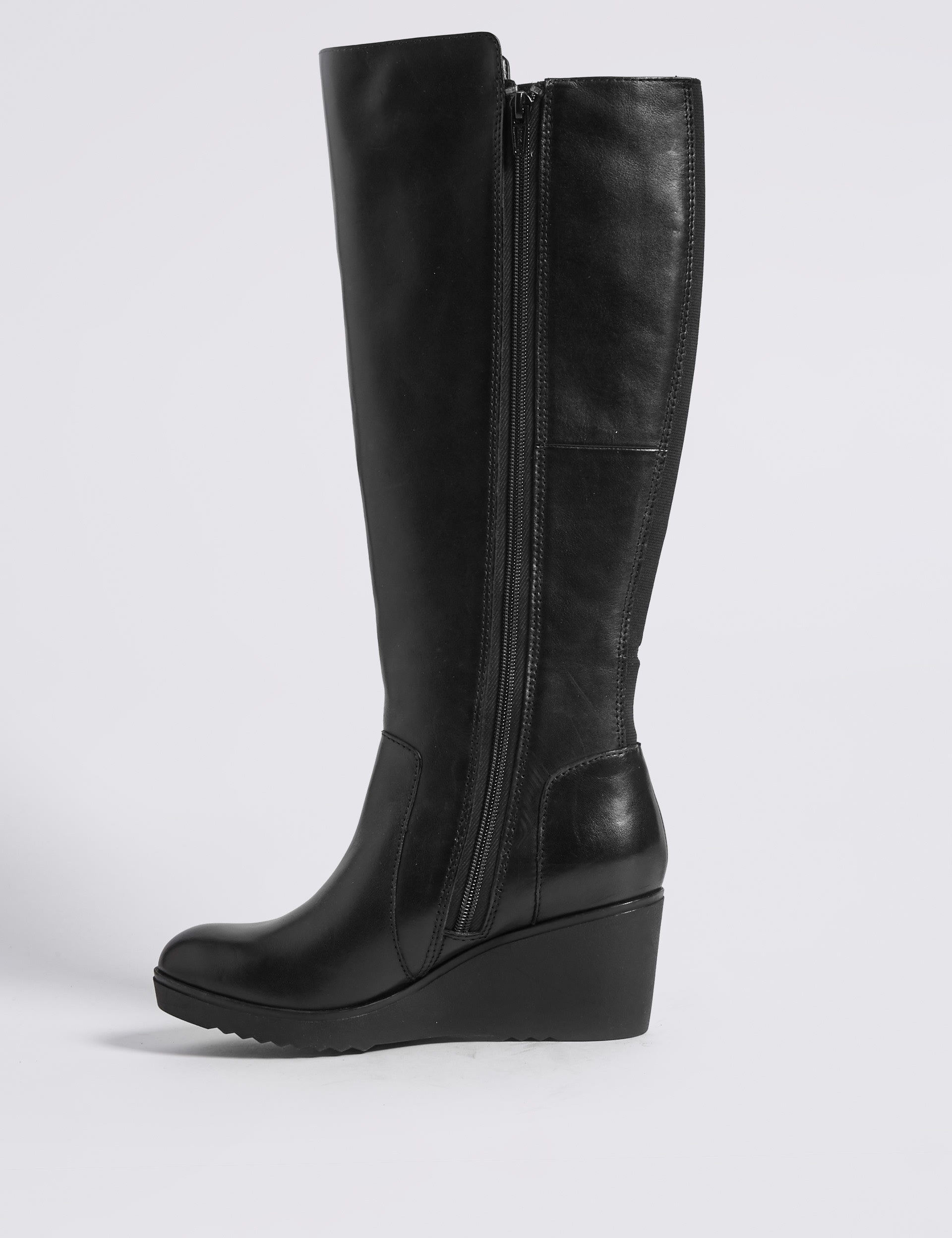 Leather Ruched Wedge Heel Knee High Boots Image 2 of 6