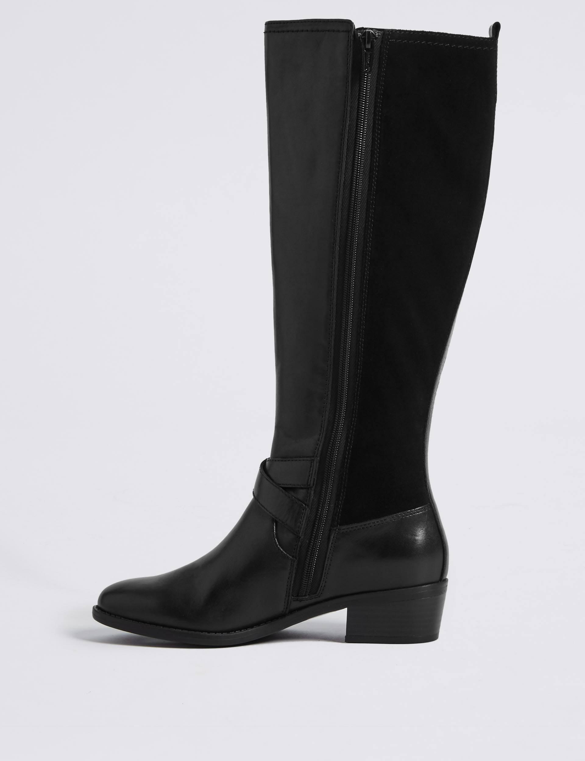 Leather Block Heel Strap Knee High Boots Image 2 of 6