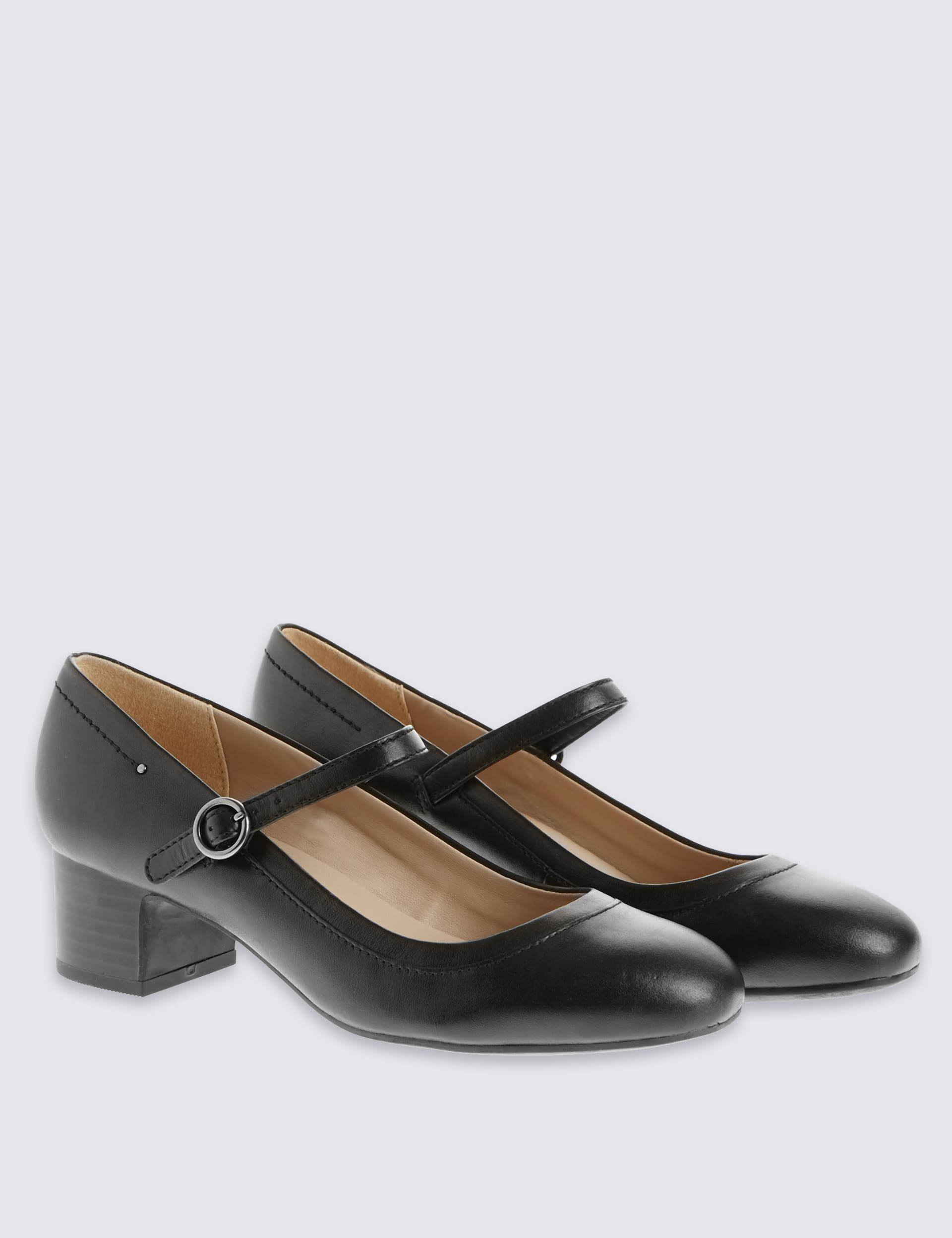 Wide Fit Leather Block Heel Court Shoes Image 2 of 6