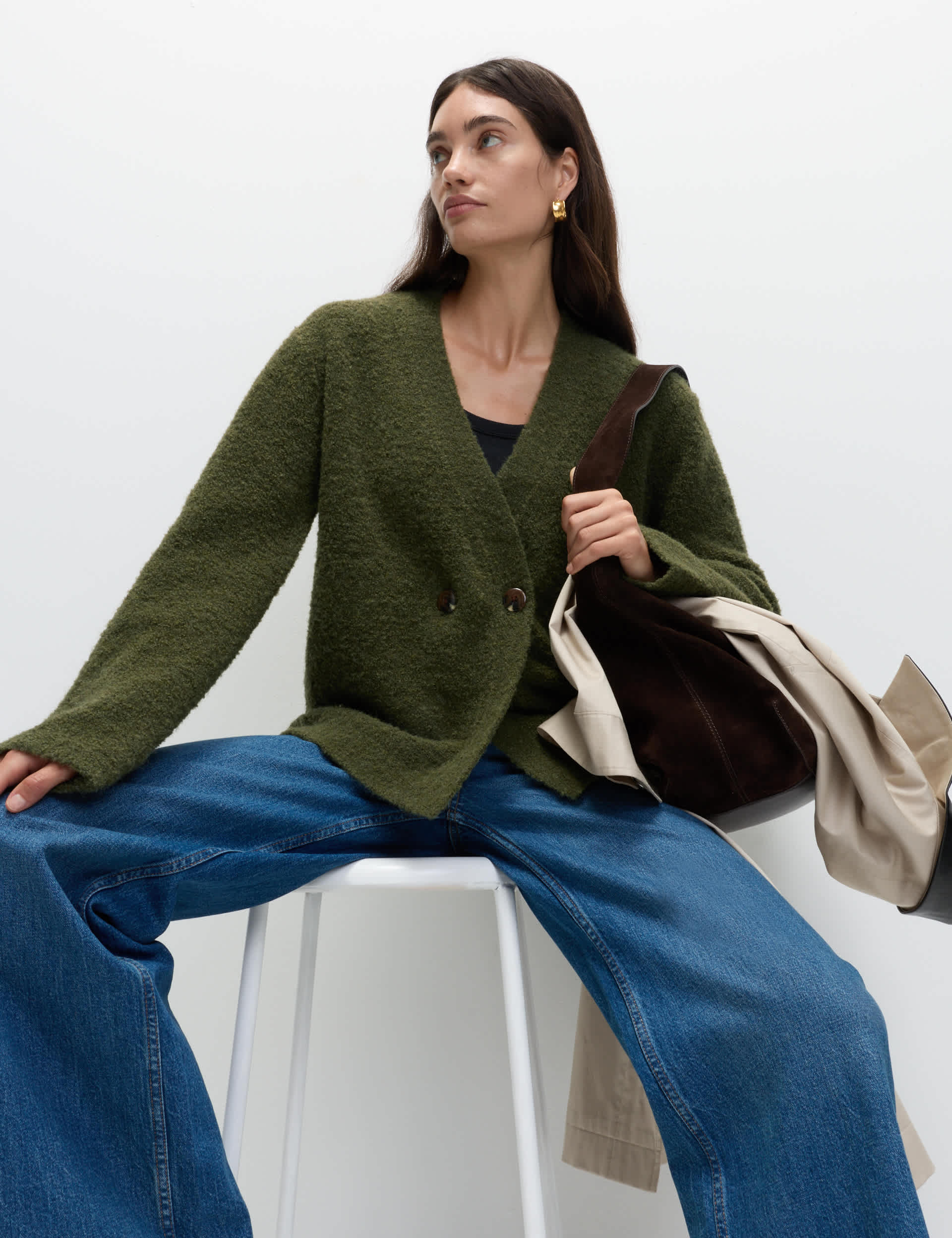 Bouclé V-Neck Button Front Cardigan with Wool