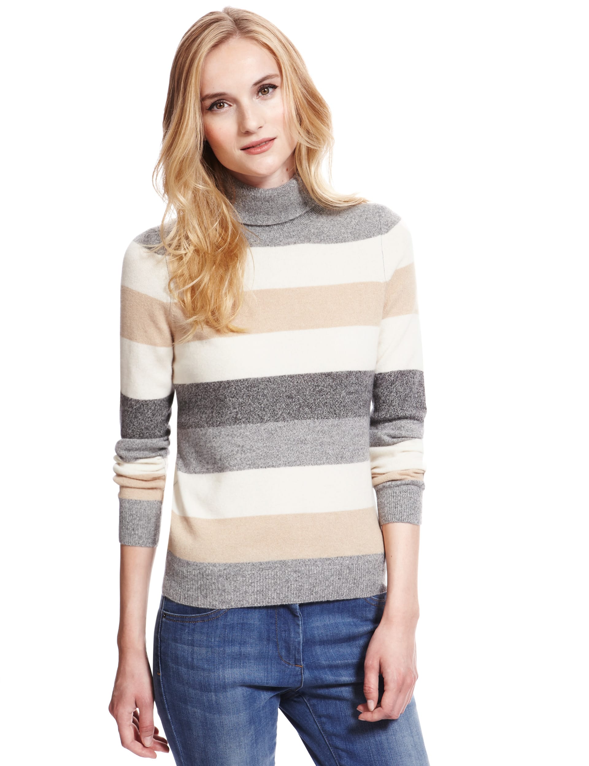 Pure Cashmere Roll Neck Striped Jumper Image 2 of 4