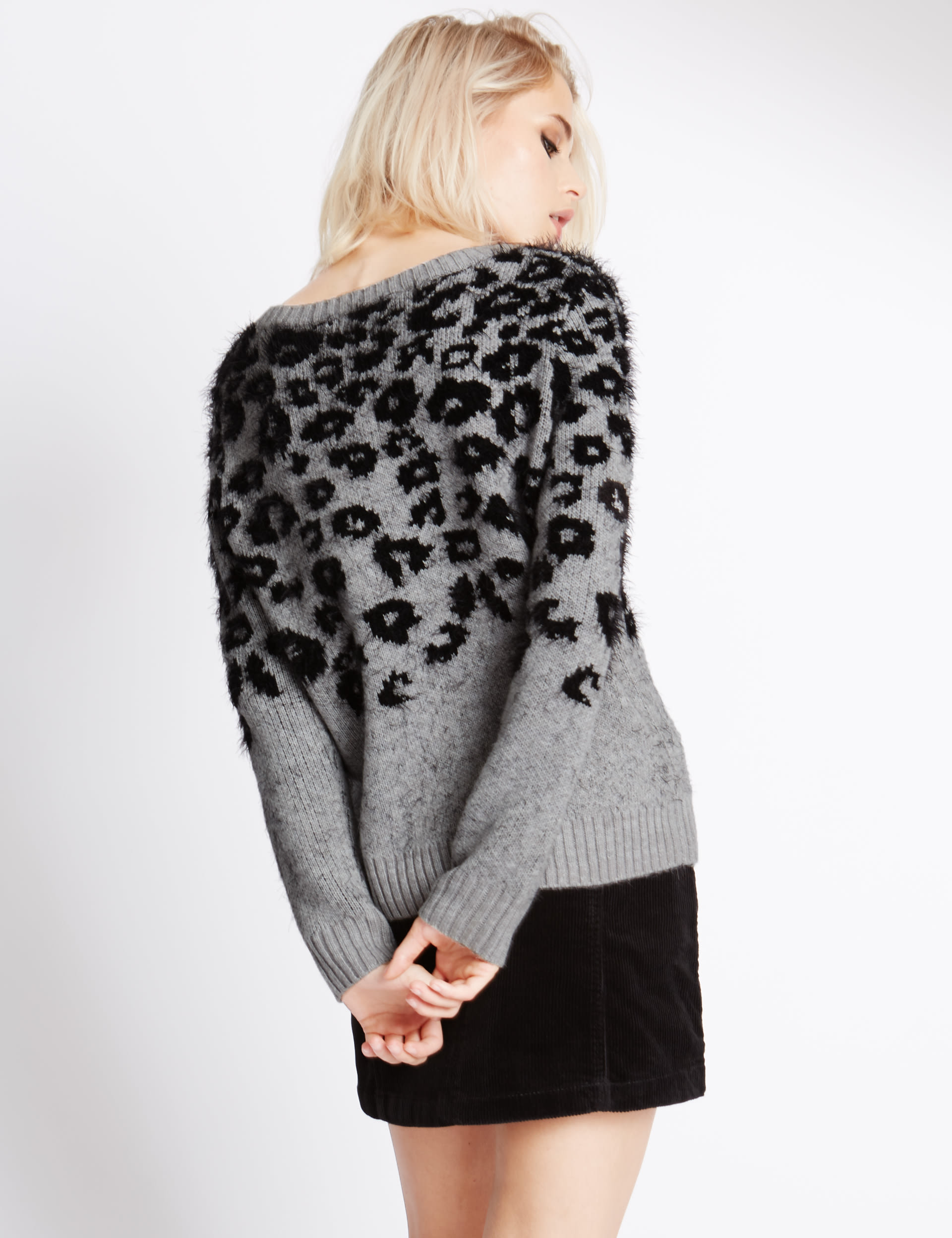 Fluffy Leopard Print Slash Neck Jumper Indigo Collection M S