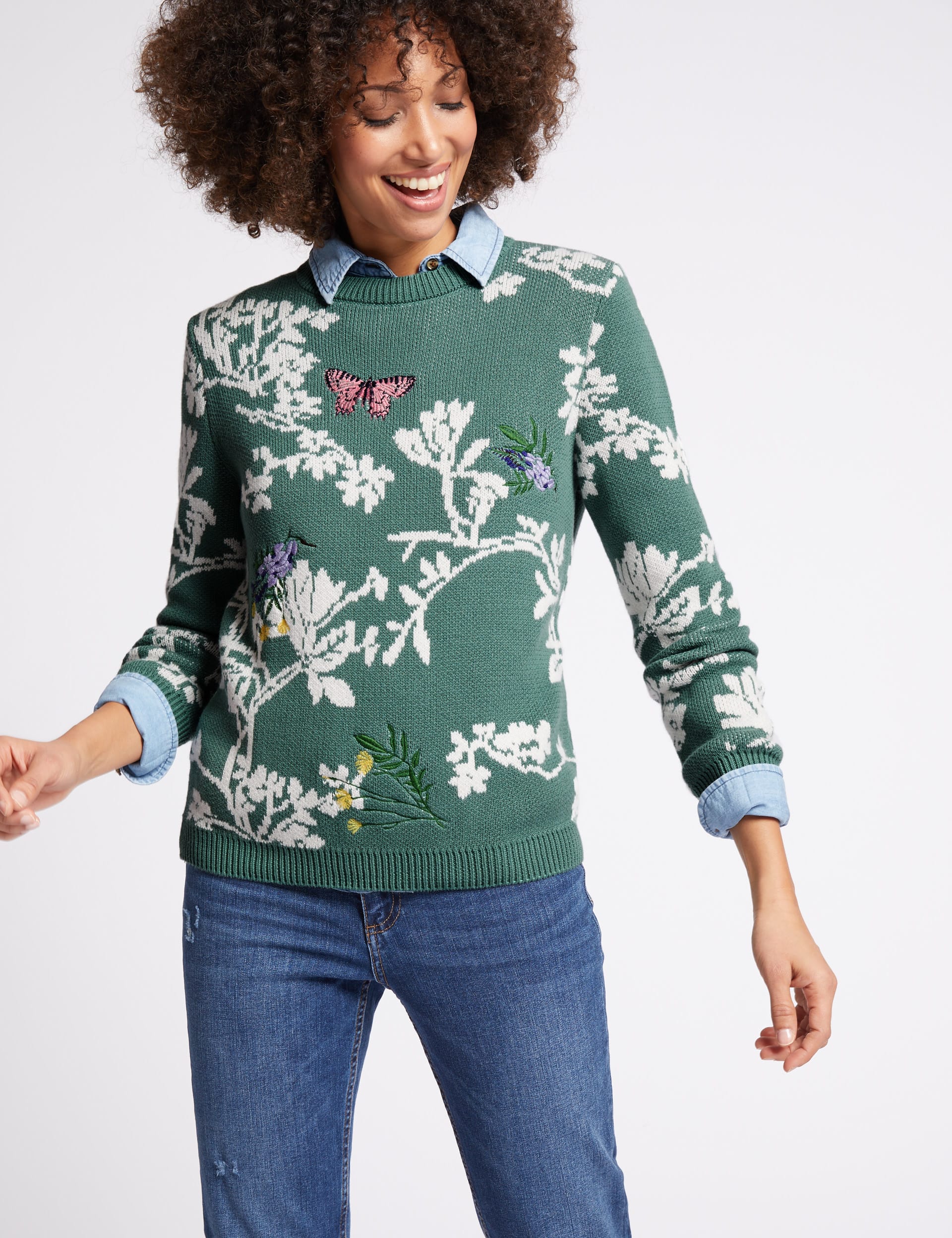 Cotton Rich Floral Print Round Neck Jumper Image 2 of 6