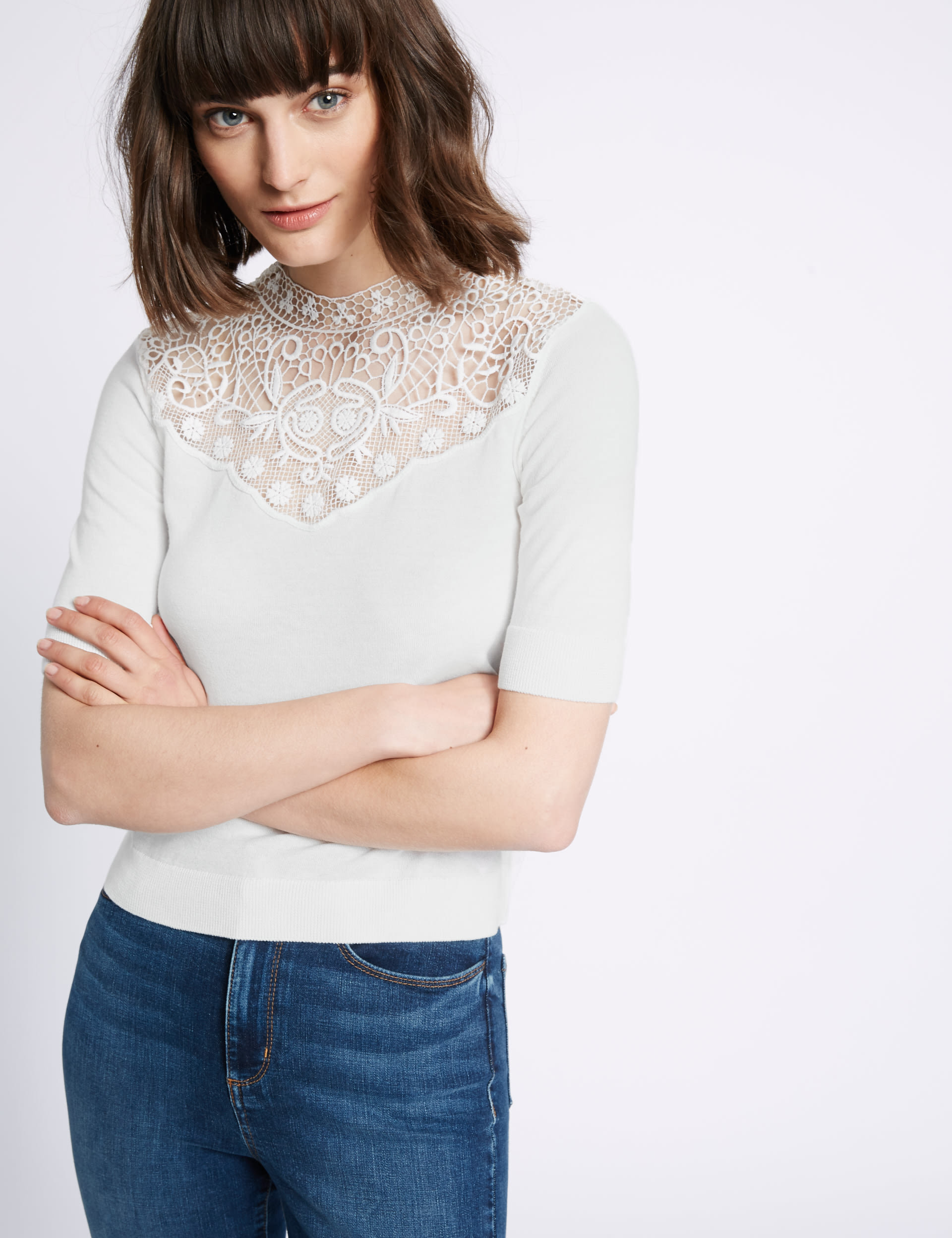 Cotton Blend Crochet Lace Round Neck Jumper Image 2 of 6