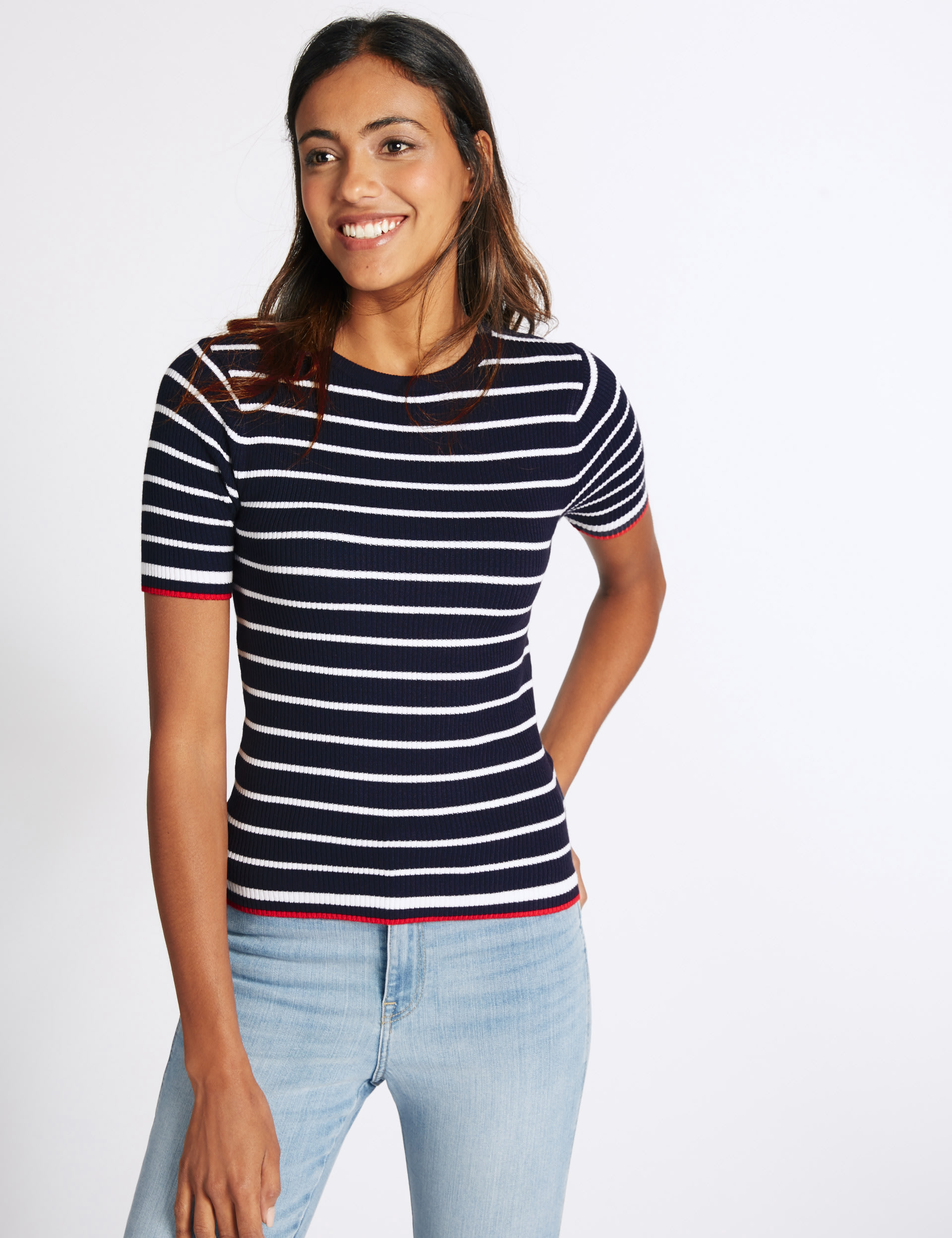 Striped Contrasting Hem Round Neck Jumper Image 2 of 5