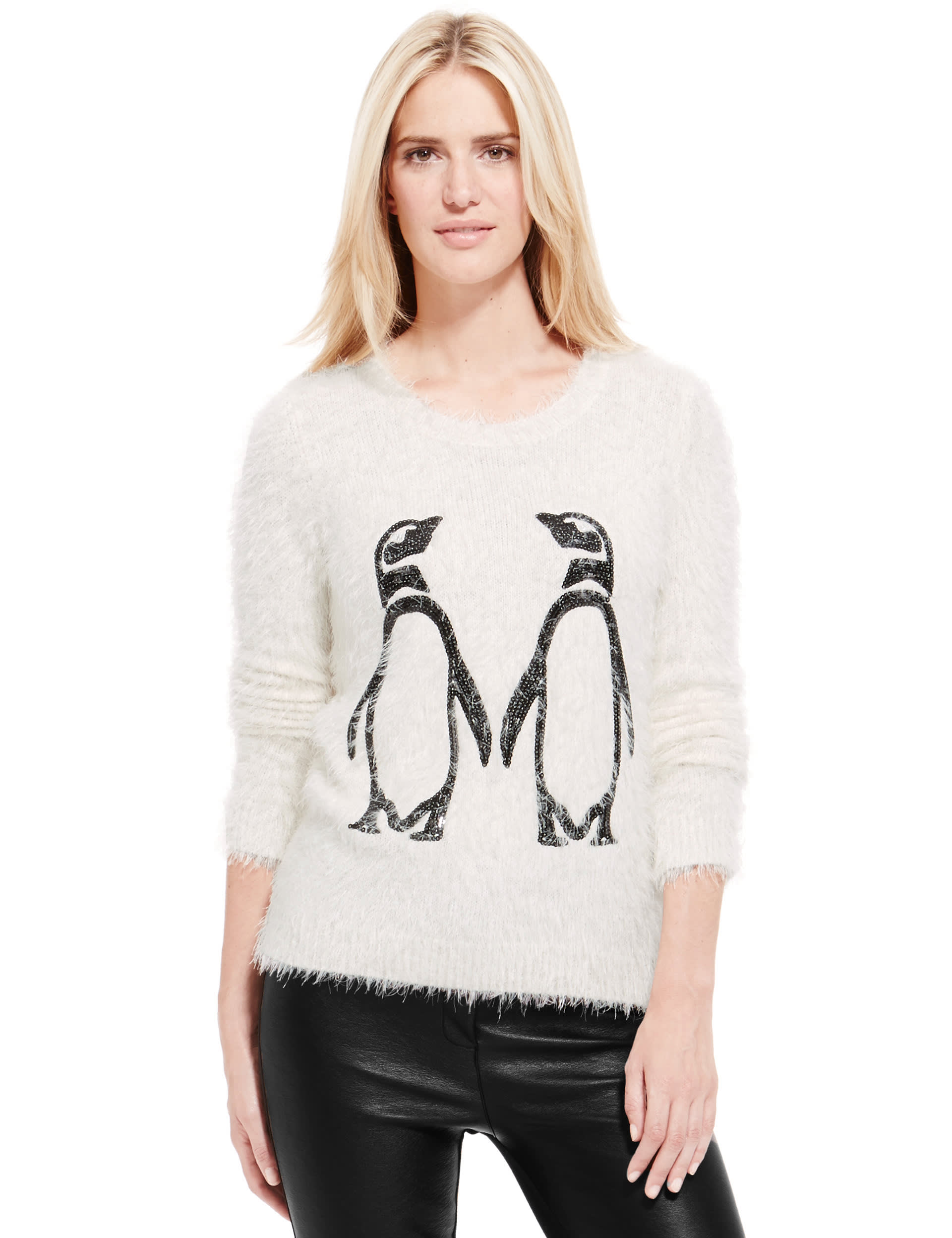 Sequin Embellished Penguin Fluffy Christmas Jumper Image 2 of 4