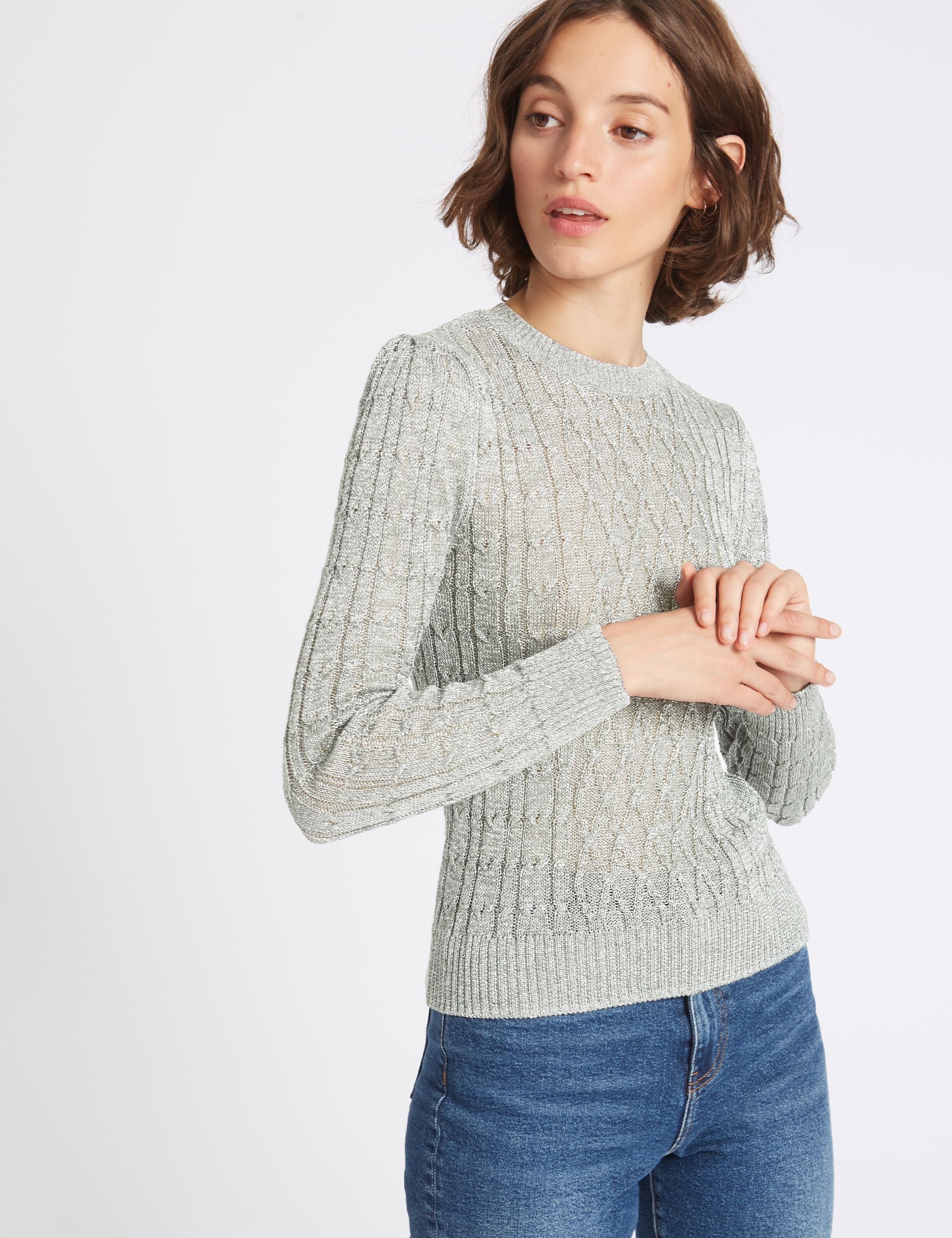 Textured Metallic Cable Knit Jumper Image 2 of 6