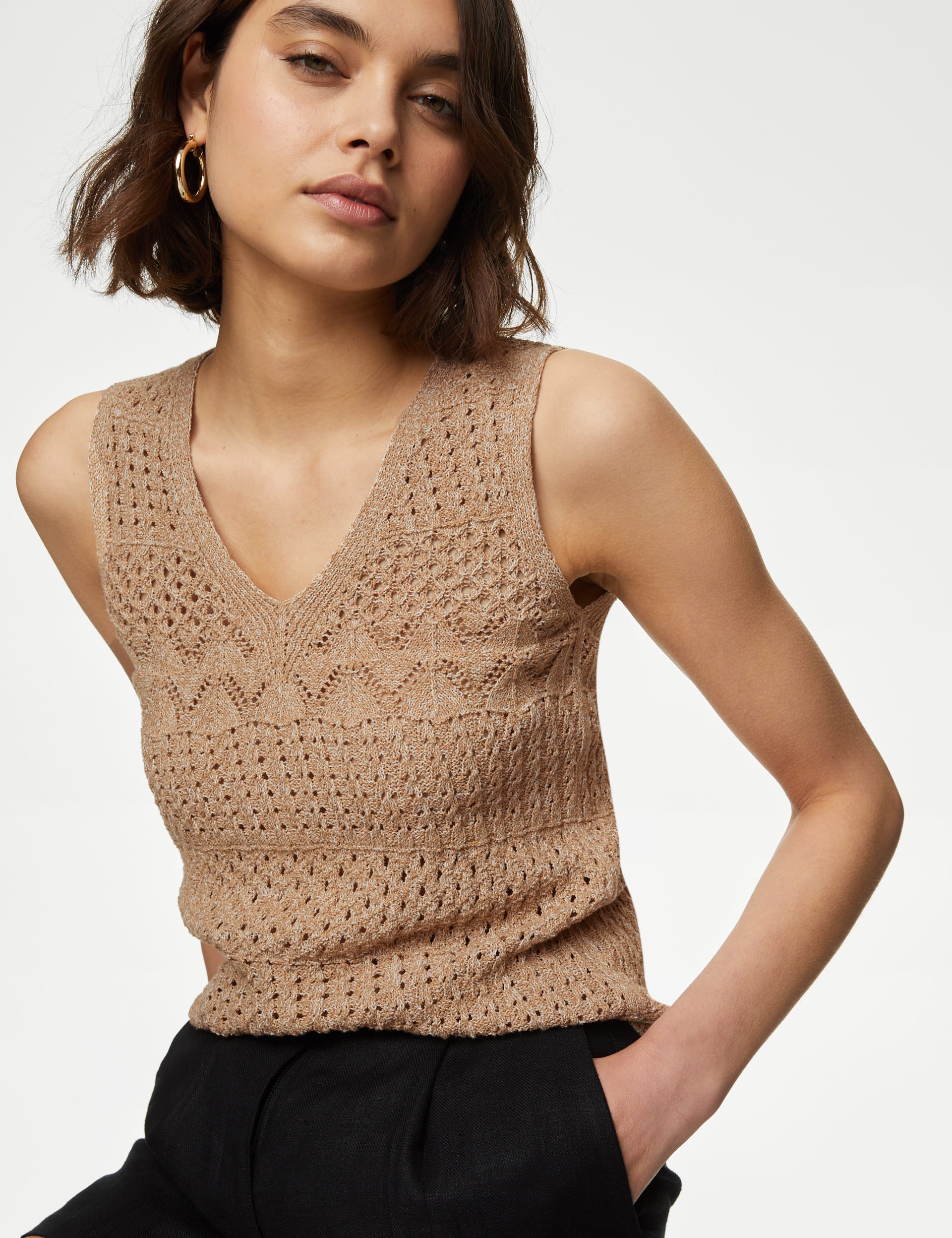 Cotton Rich Textured V-Neck Knitted Vest