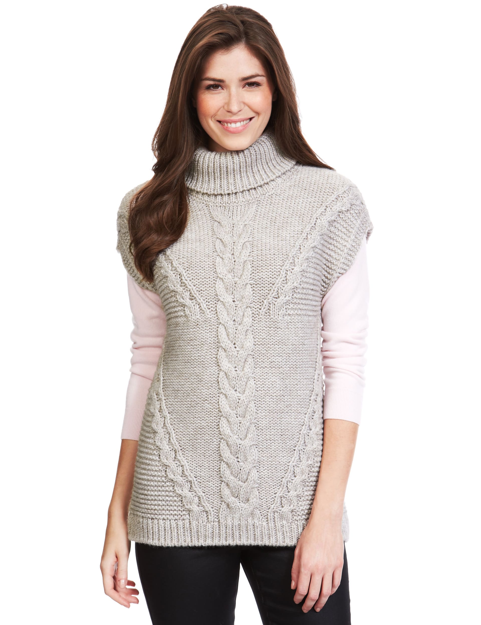 Cable Knit Polo Neck Tabard Jumper with Wool Image 2 of 4