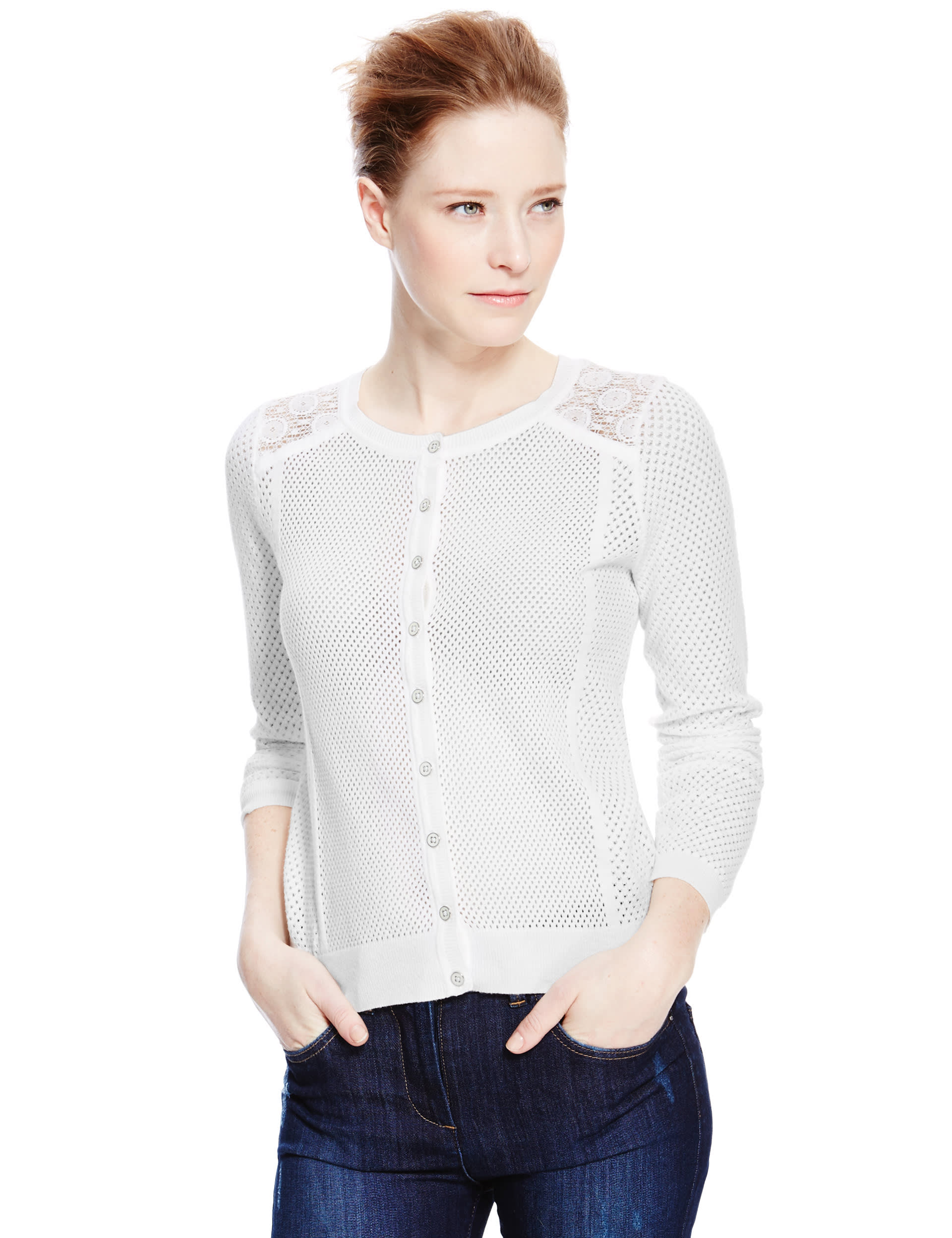 Cotton Rich Round Neck Lace Trim Cardigan Image 2 of 4