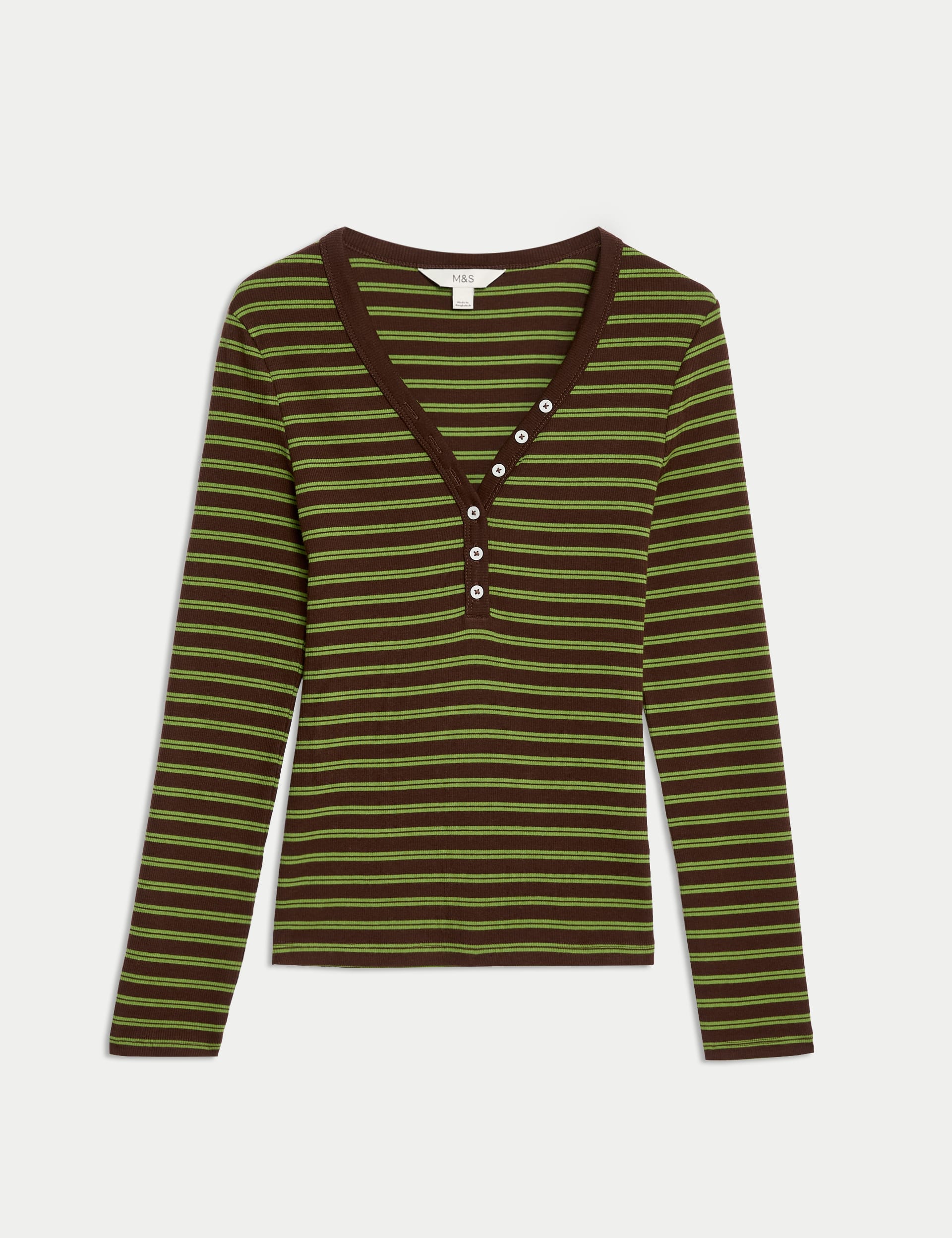 Cotton Rich Ribbed Striped V-Neck Top