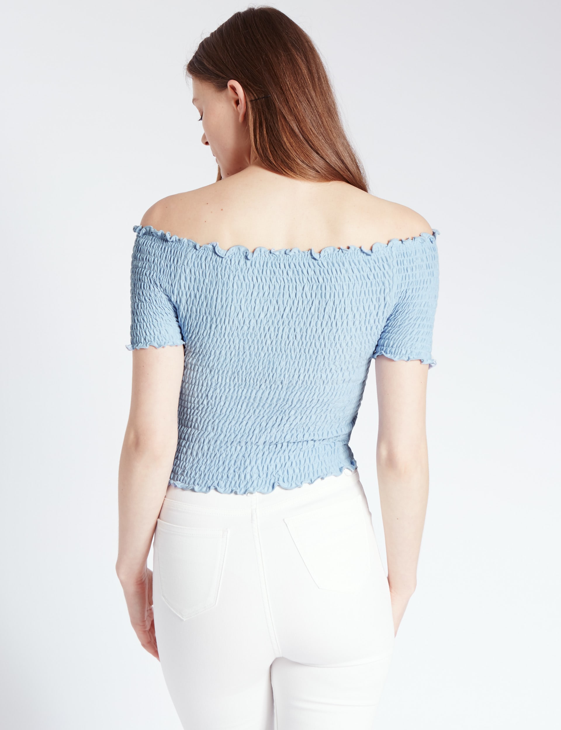 Cotton Rich Slim Fit Smocked Bardot Top Image 2 of 4