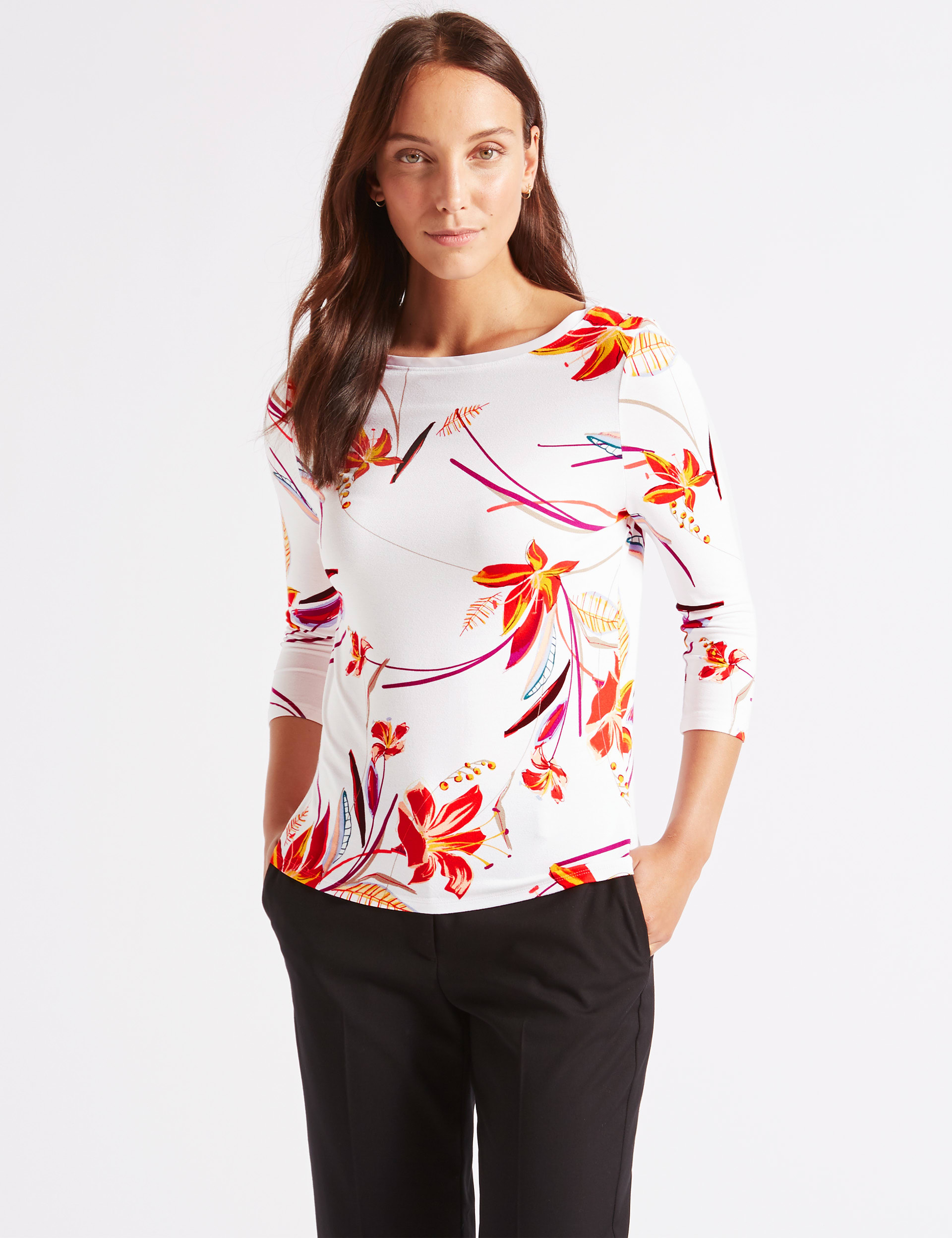 Floral Print Slash Neck 3/4 Sleeve Top Image 2 of 5