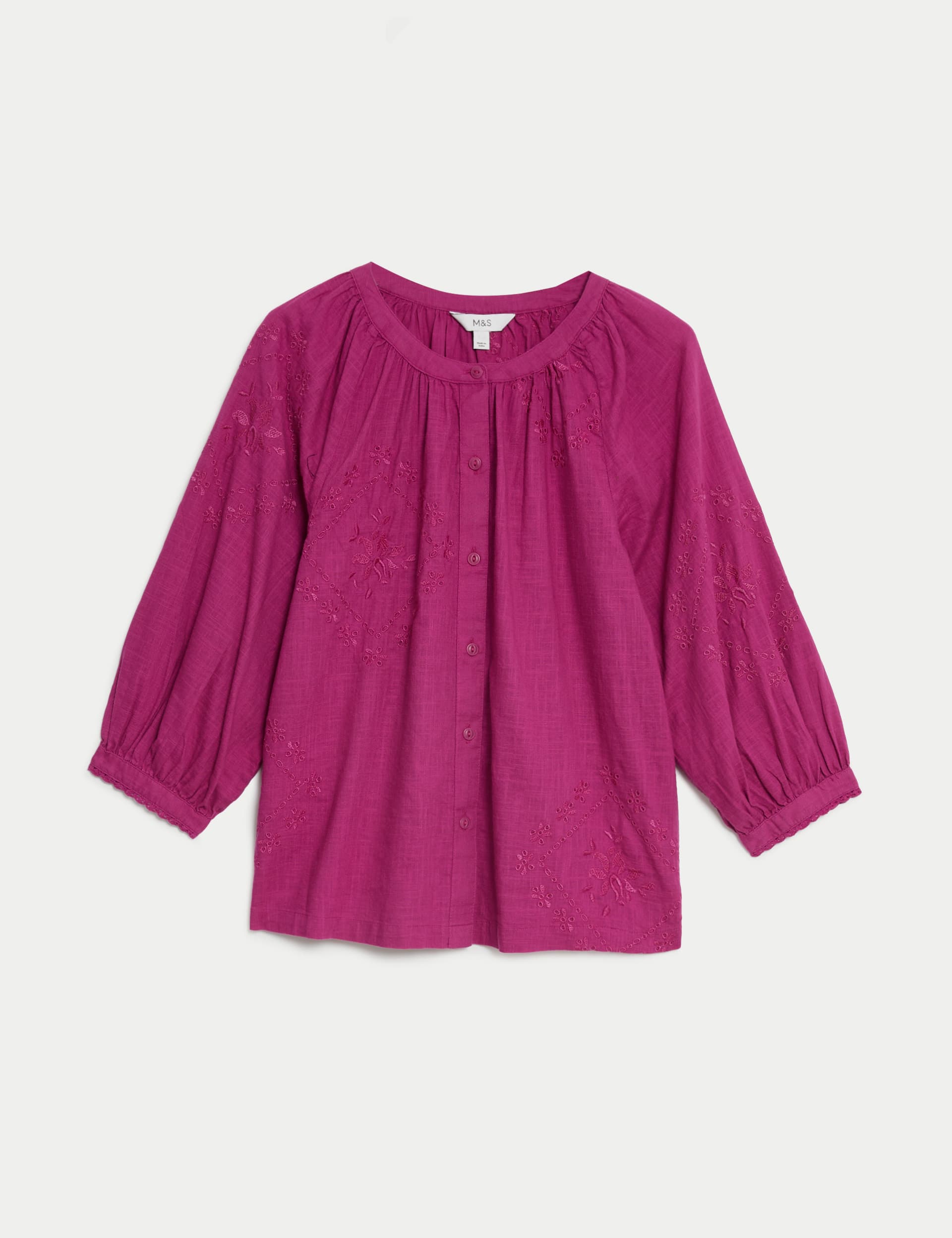 Pure Cotton Embroidered Blouson Sleeve Blouse