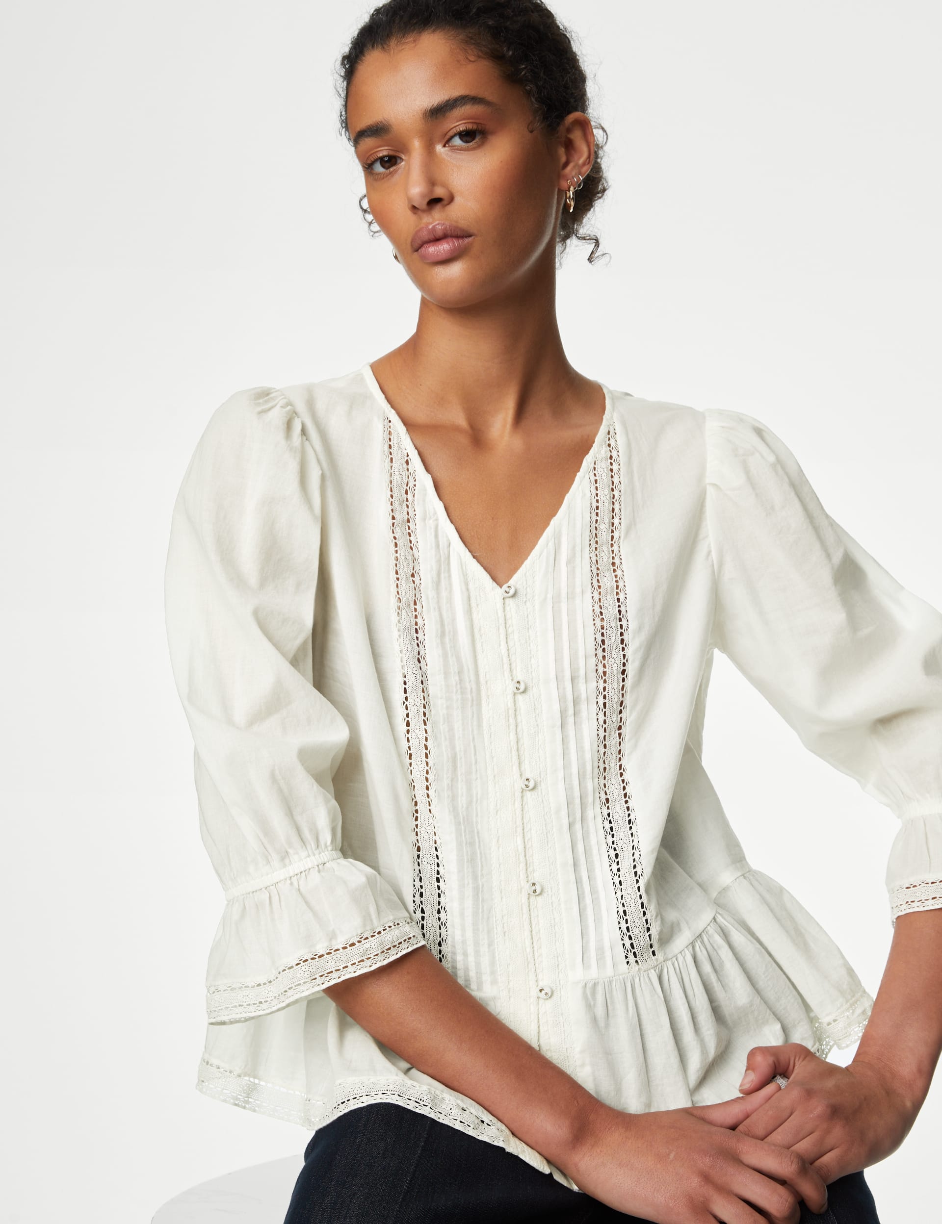 Pure Cotton Lace Frill Detail Blouse | M&S Collection | M&S