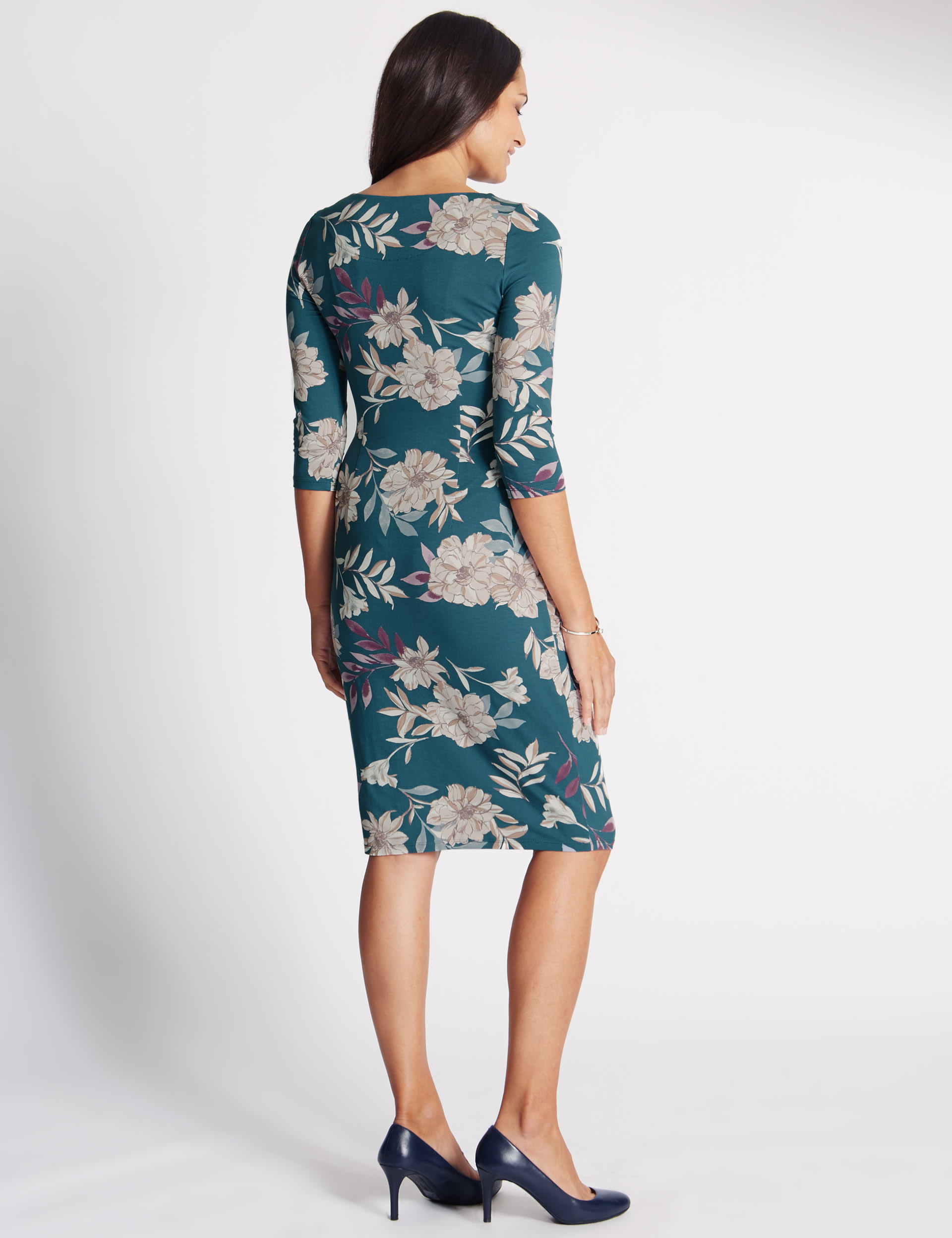 Floral Print 3/4 Sleeve Bodycon Dress Image 2 of 5