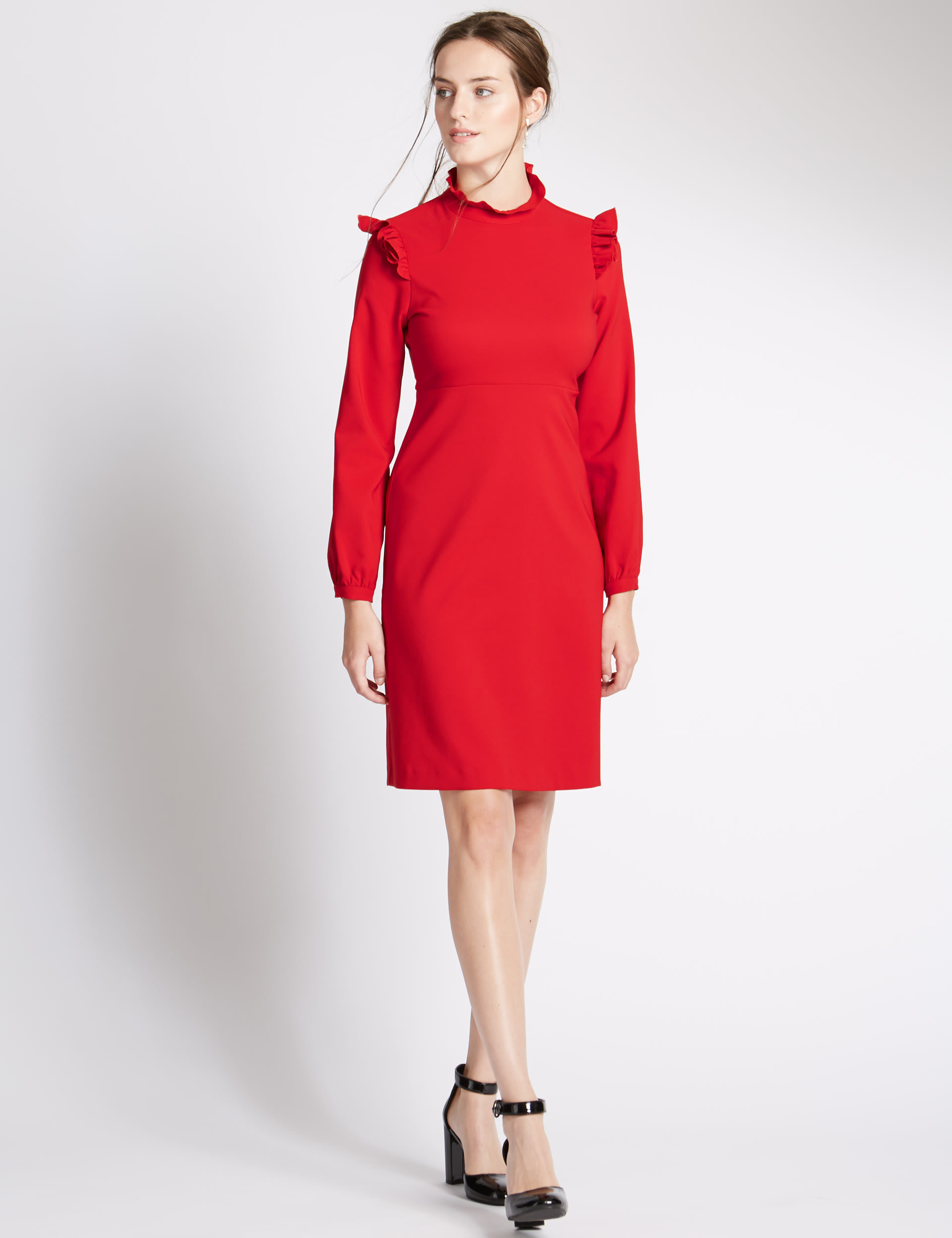 High Neck Ruffle Long Sleeve Swing Dress Image 2 of 5