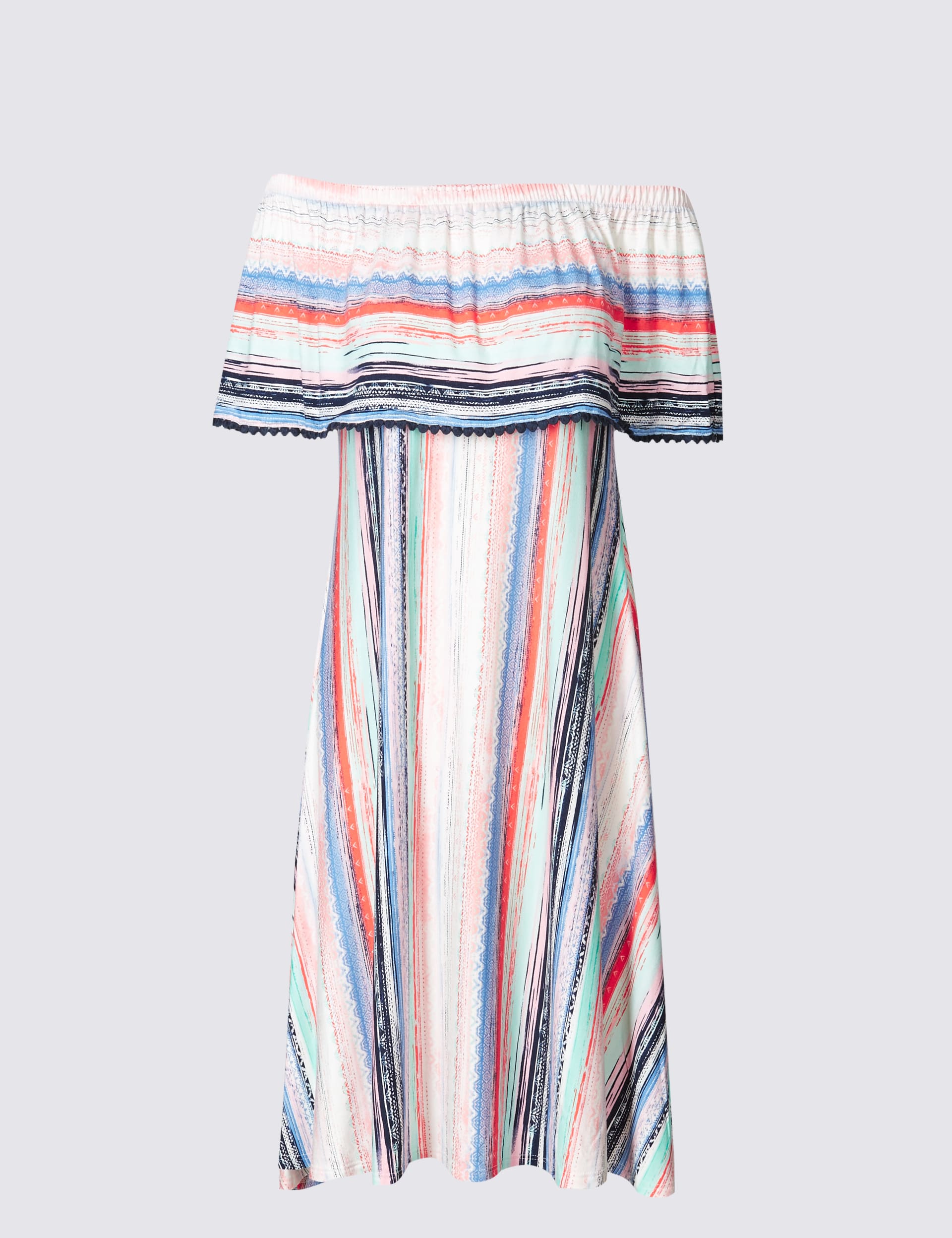 Striped Short Sleeve Bardot Swing Dress Image 2 of 6
