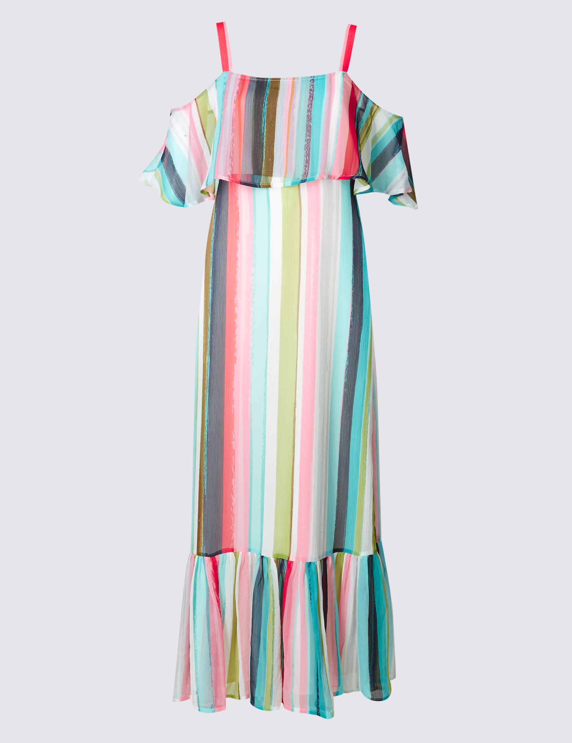 Striped Frill Cold Shoulder Shift Maxi Dress Image 2 of 6