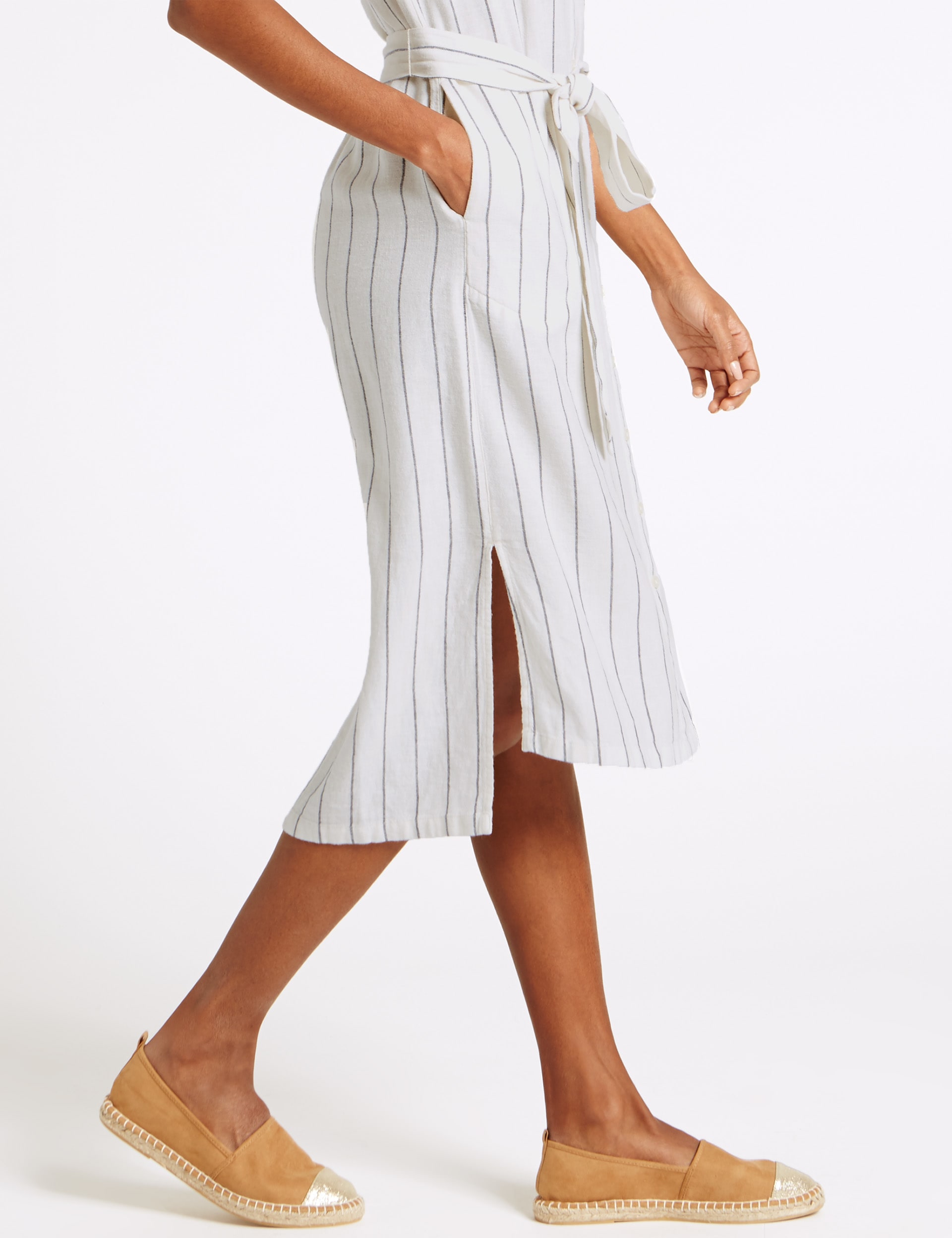 Linen Rich Dipped Hem Shirt Dress with Belt Image 2 of 5
