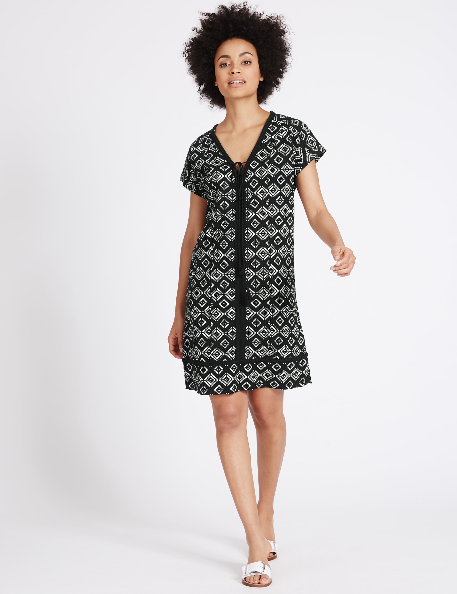 Linen Blend Printed Tassel Tunic Dress Image 2 of 5