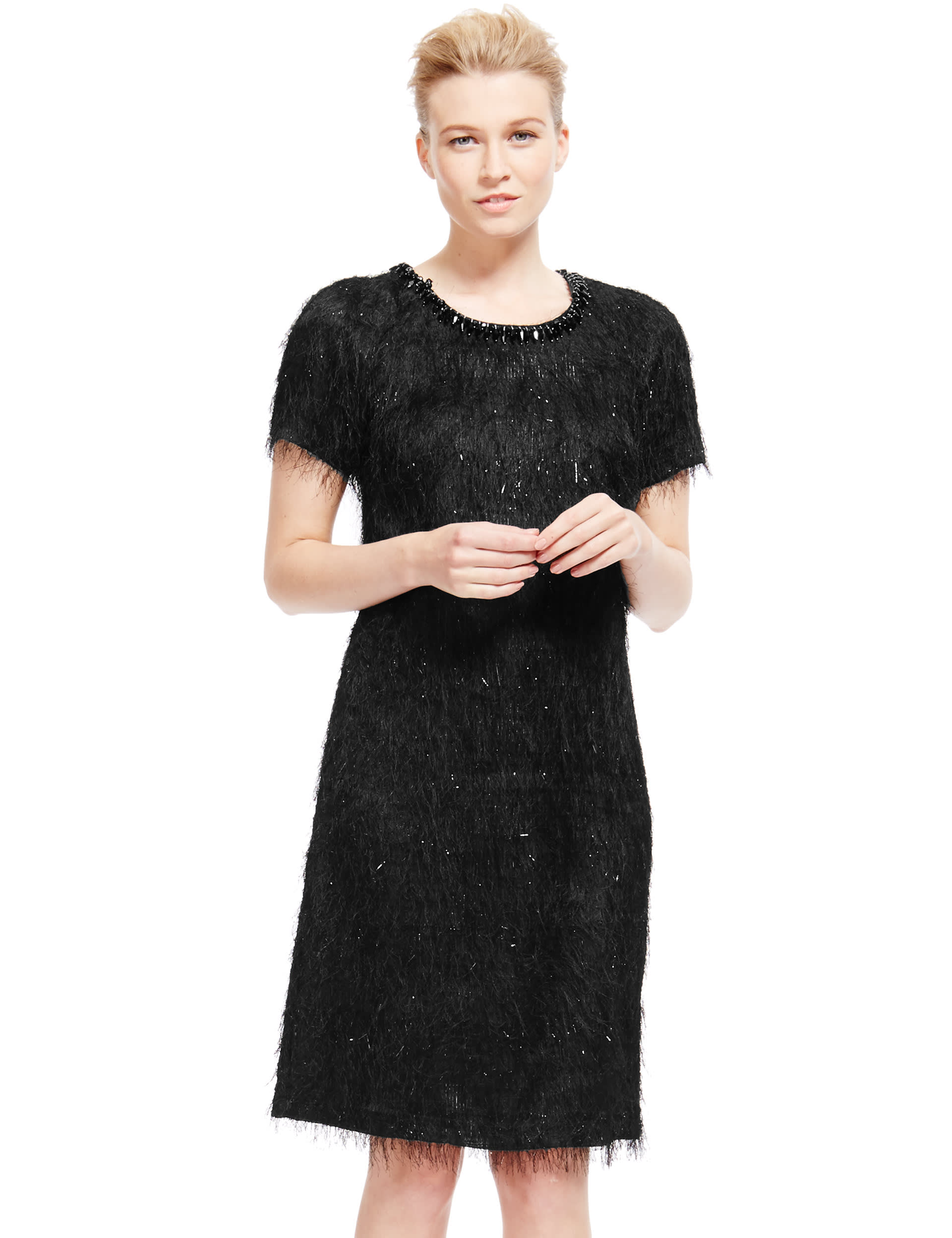 Eyelash Embellished Neckline Shift Dress Image 2 of 4