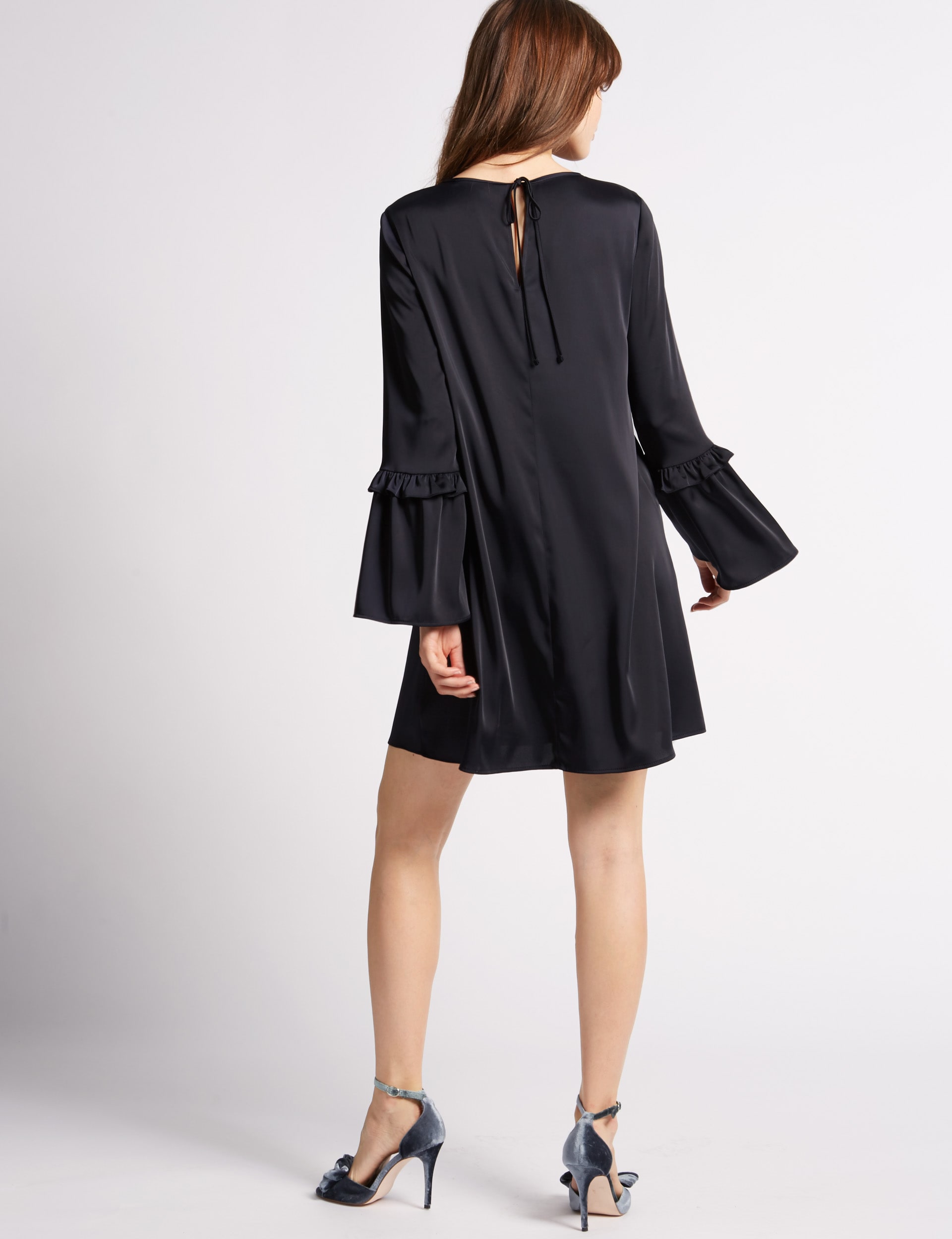 Satin Ruffle Long Sleeve Shift Dress Image 2 of 5