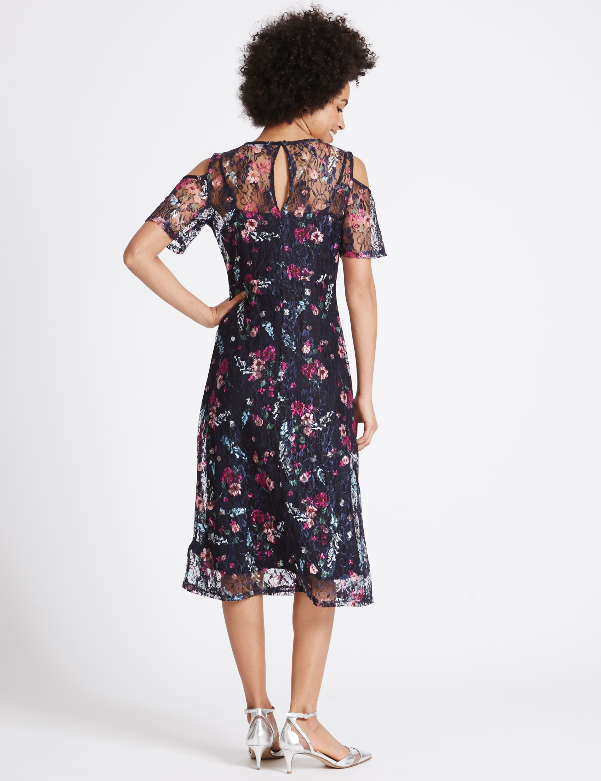 Floral Lace Cold Shoulder Skater Midi Dress Image 2 of 6