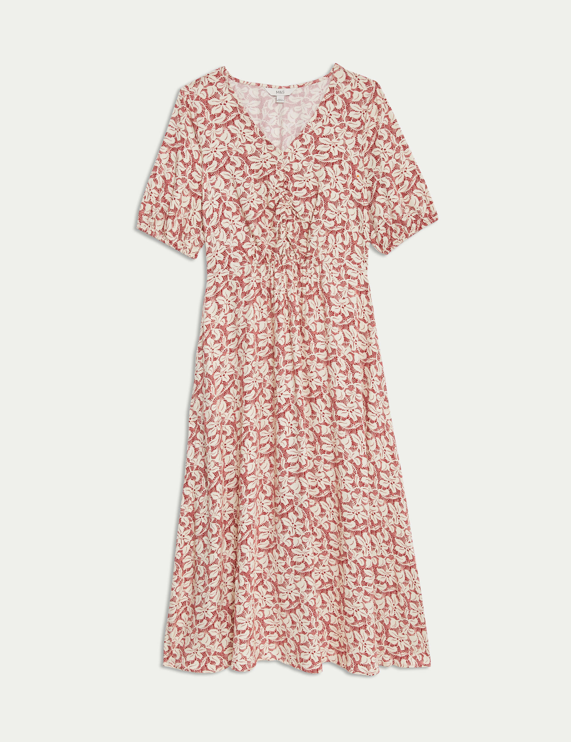 Printed V-Neck Midi Waisted Dress