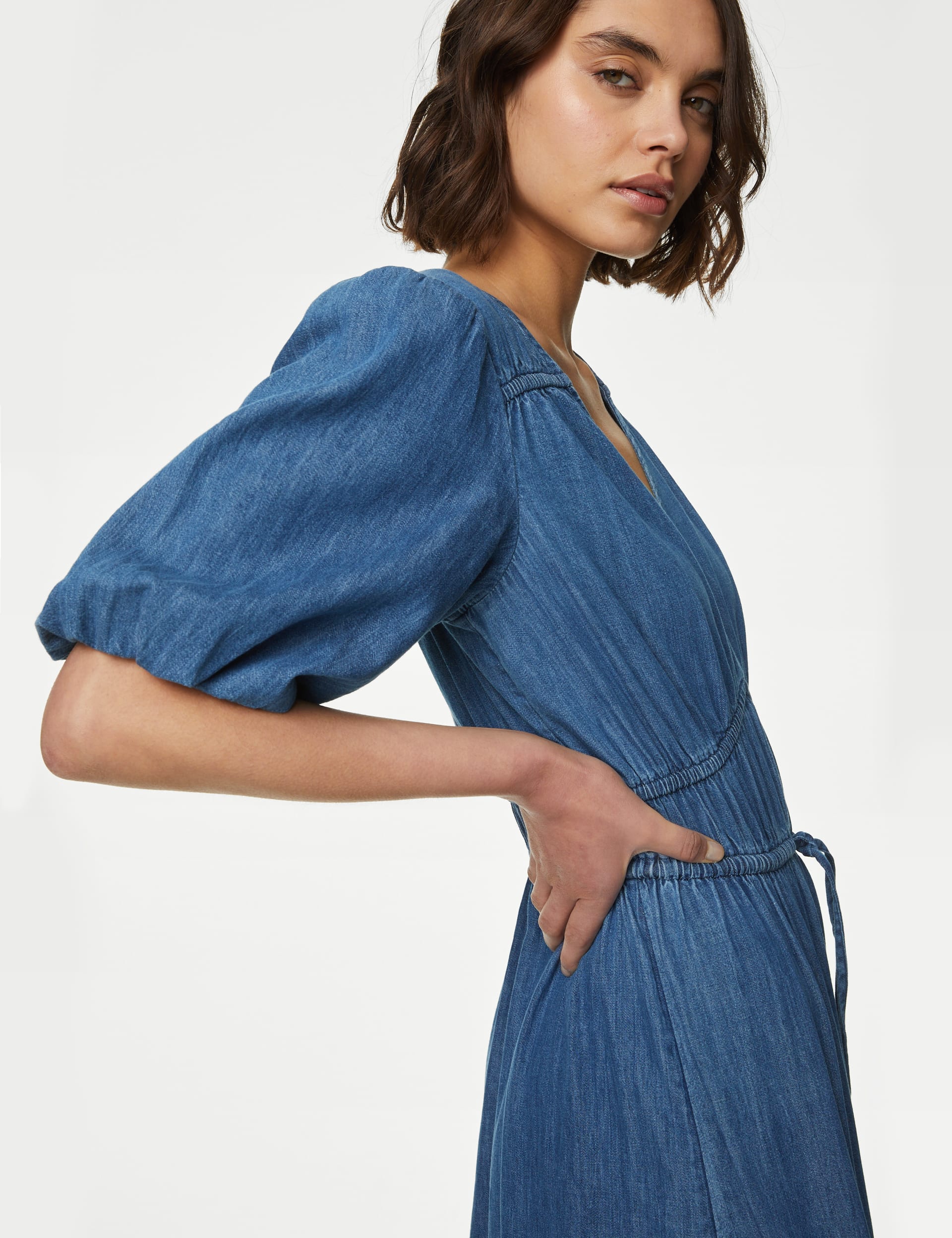 Denim V-Neck Tie Detail Midi Tiered Dress