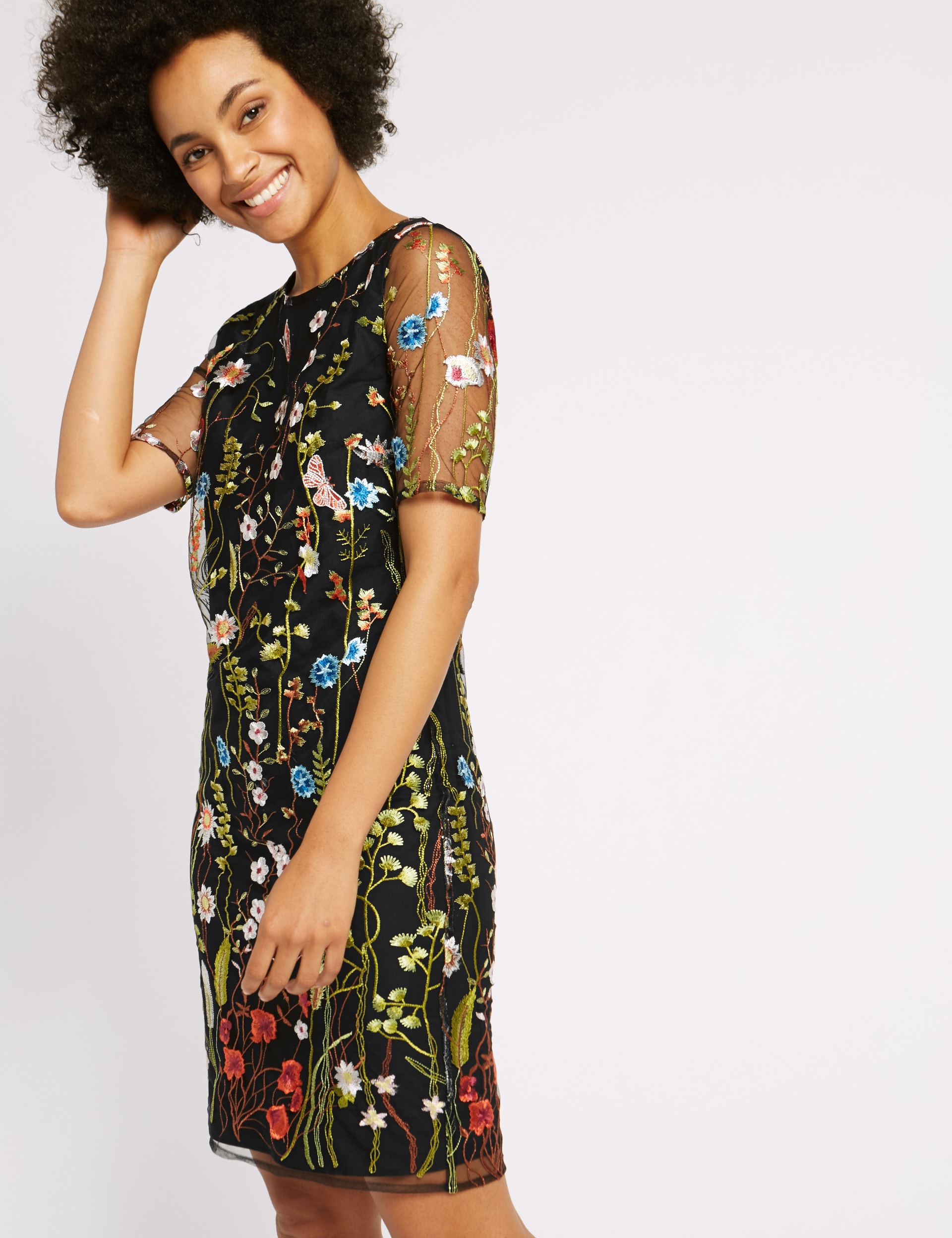 Embroidered Mesh Sleeve Shift Dress Image 2 of 6