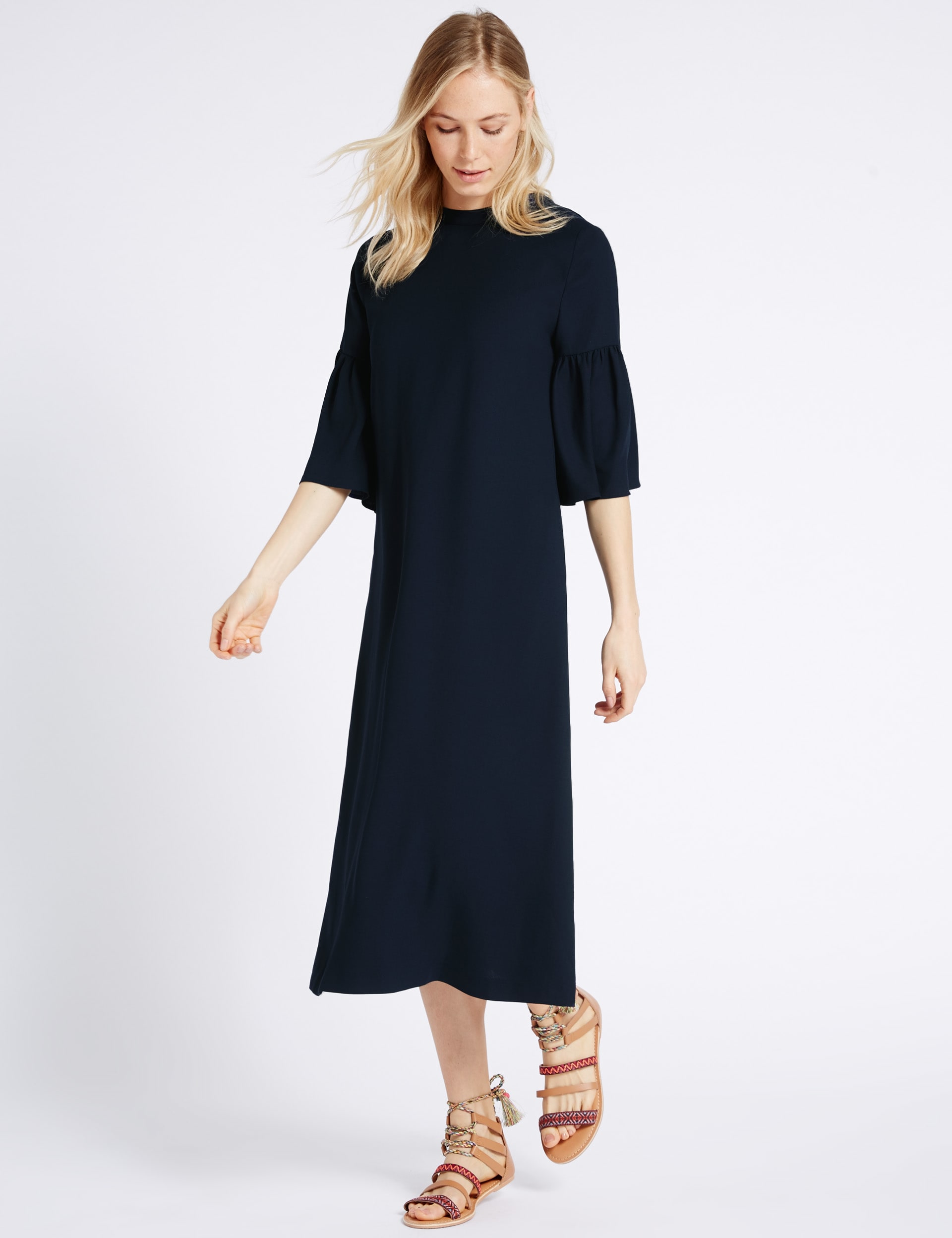 Tie Back Flared Sleeve Tunic Midi Dress Image 2 of 7