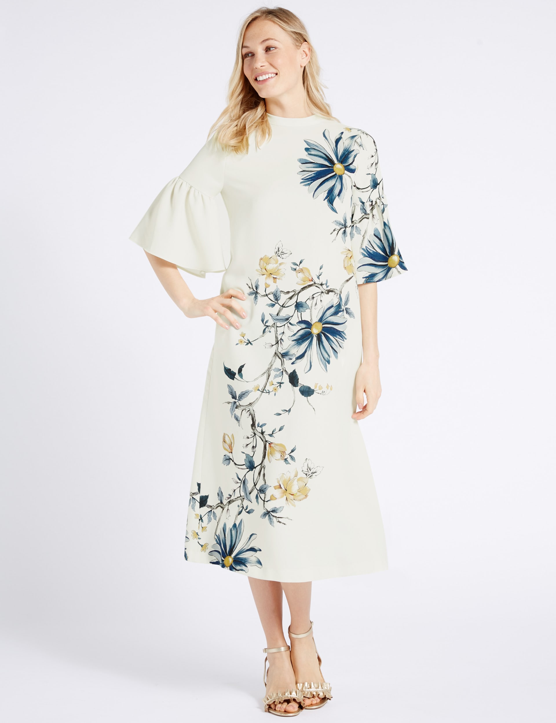 Floral Print Flared Sleeve Tunic Midi Dress Image 2 of 7