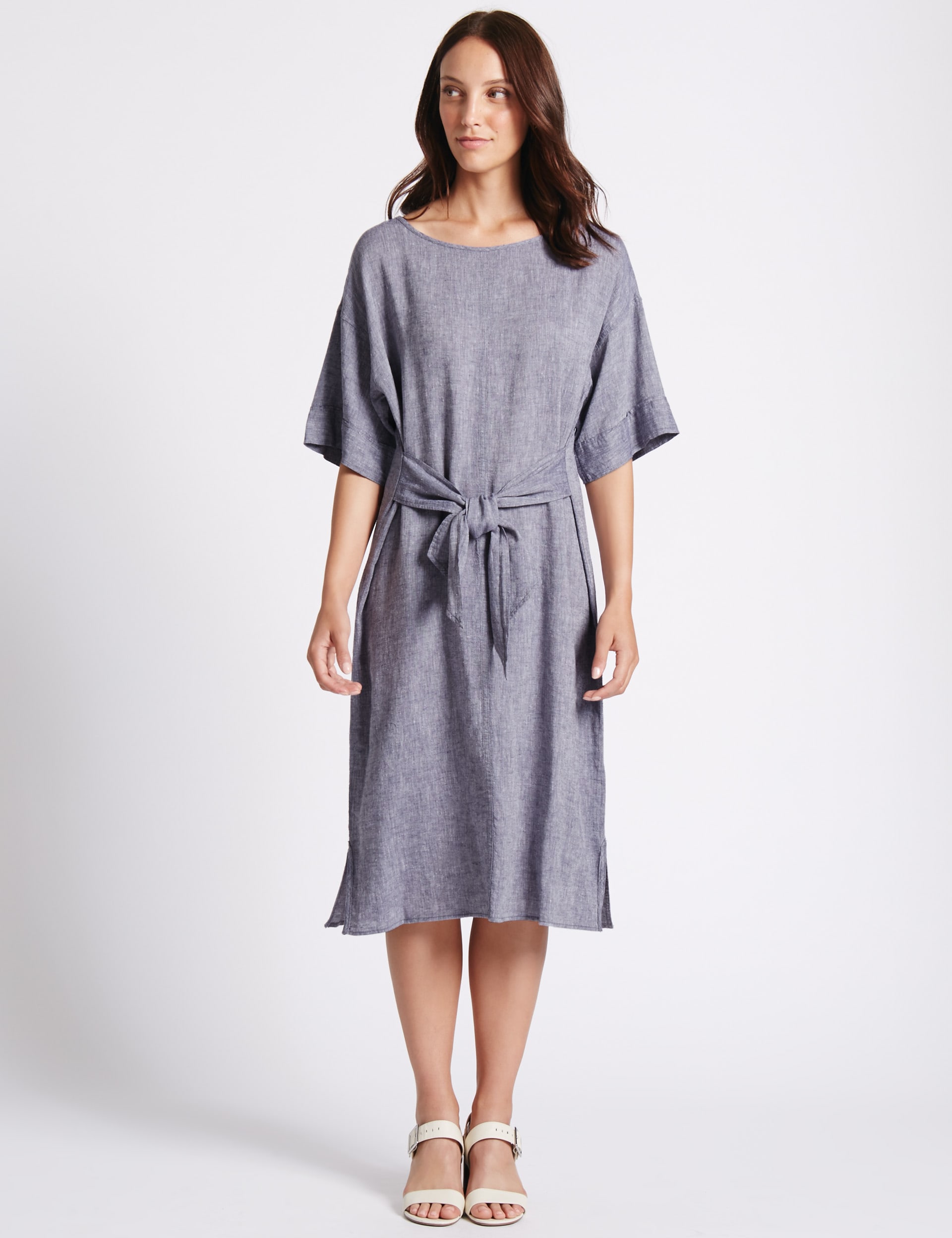 Linen Rich Chambray Shift Midi Dress M S Collection M S