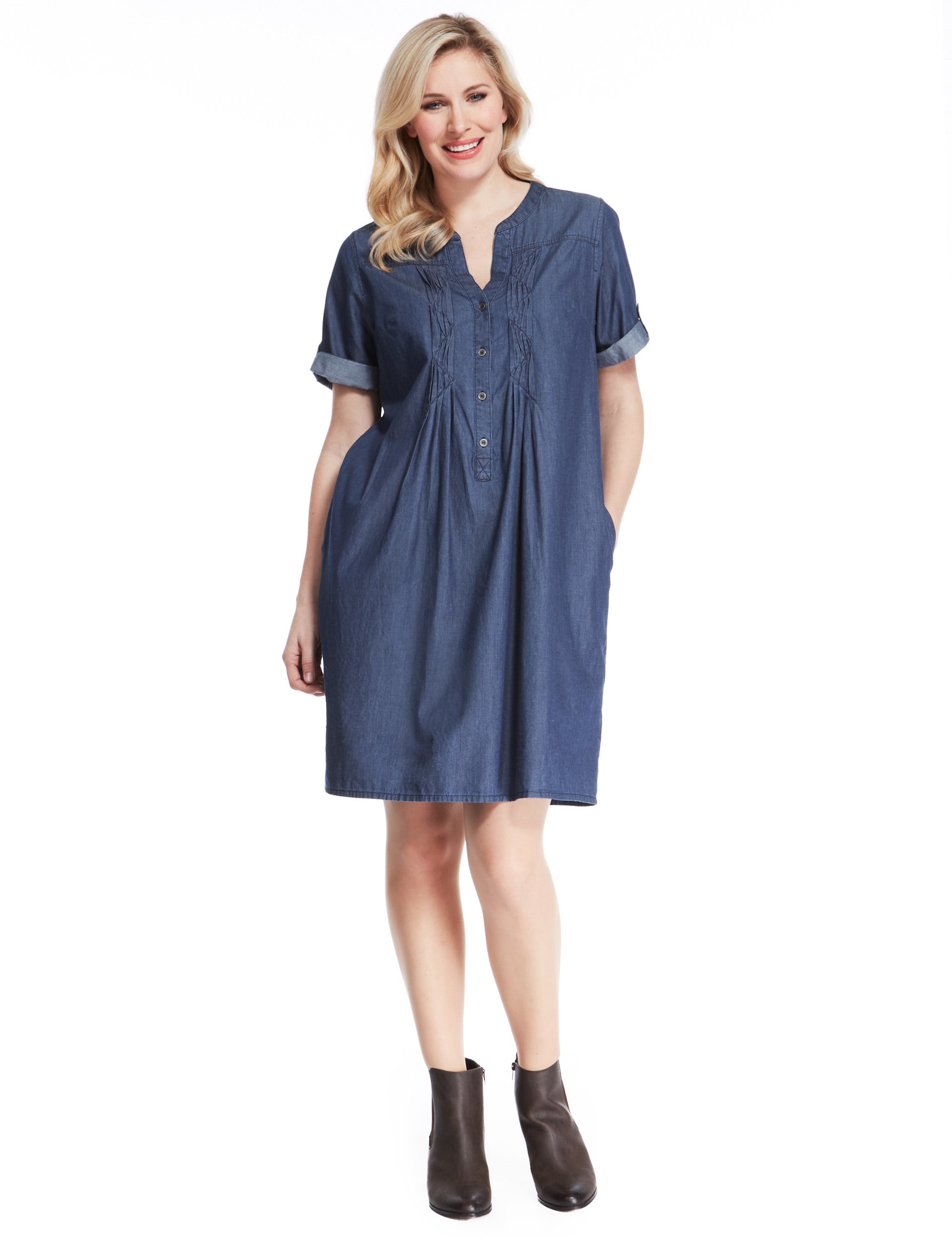 Plus Pure Cotton Pleated Front Denim Dress Image 2 of 5
